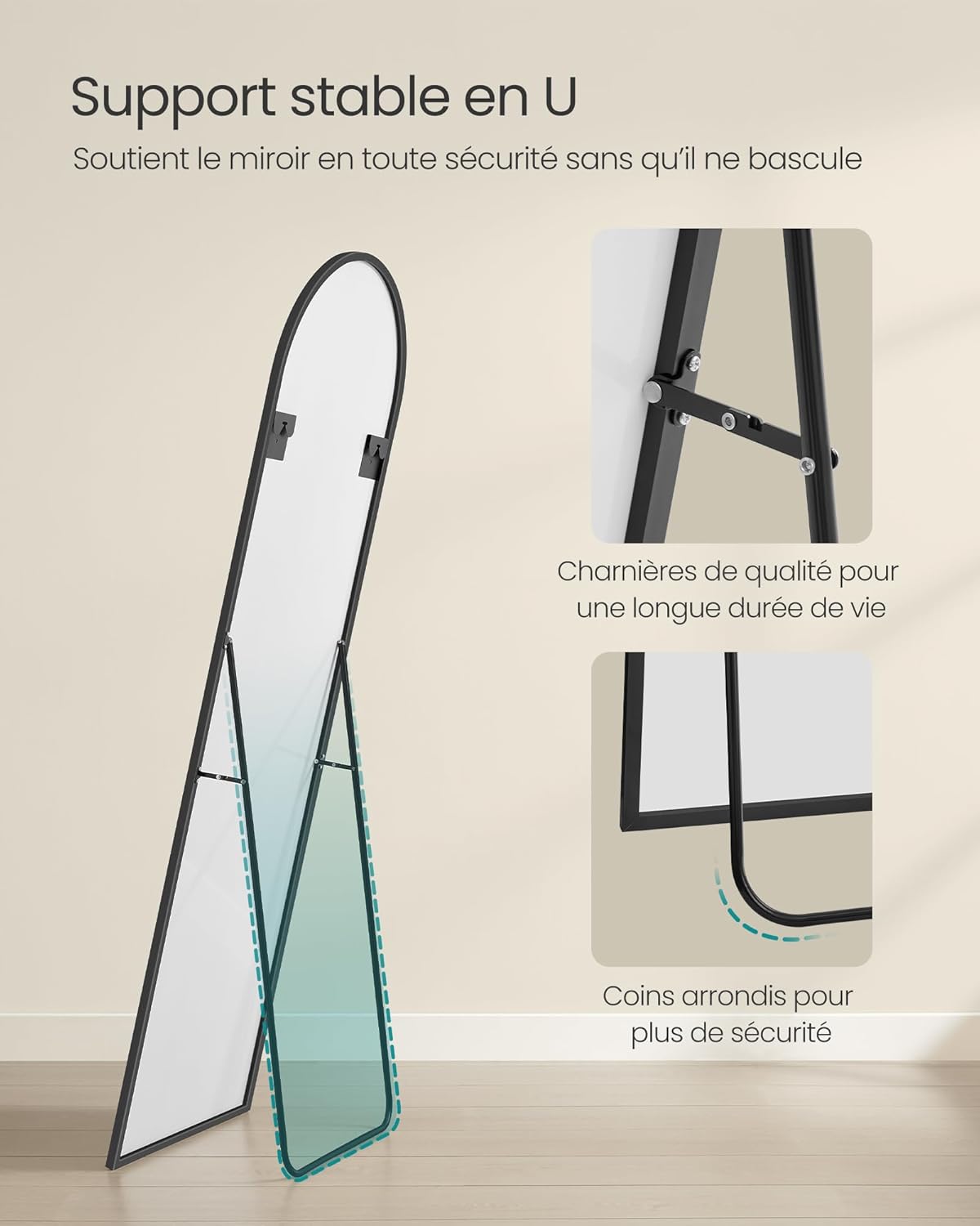 SONGMICS Miroir Intégral, 160 x 50 cm, Miroir Arqué sur Pied, à Poser au Sol, Cadre en Alliage d’Aluminium, Verre Trempé, pour Chambre, Salon, Dressing, Noir d'encre LFM031B01 | Cadre en alliage d'aluminium pour chambre à coucher, salon, vestiaire, noir m