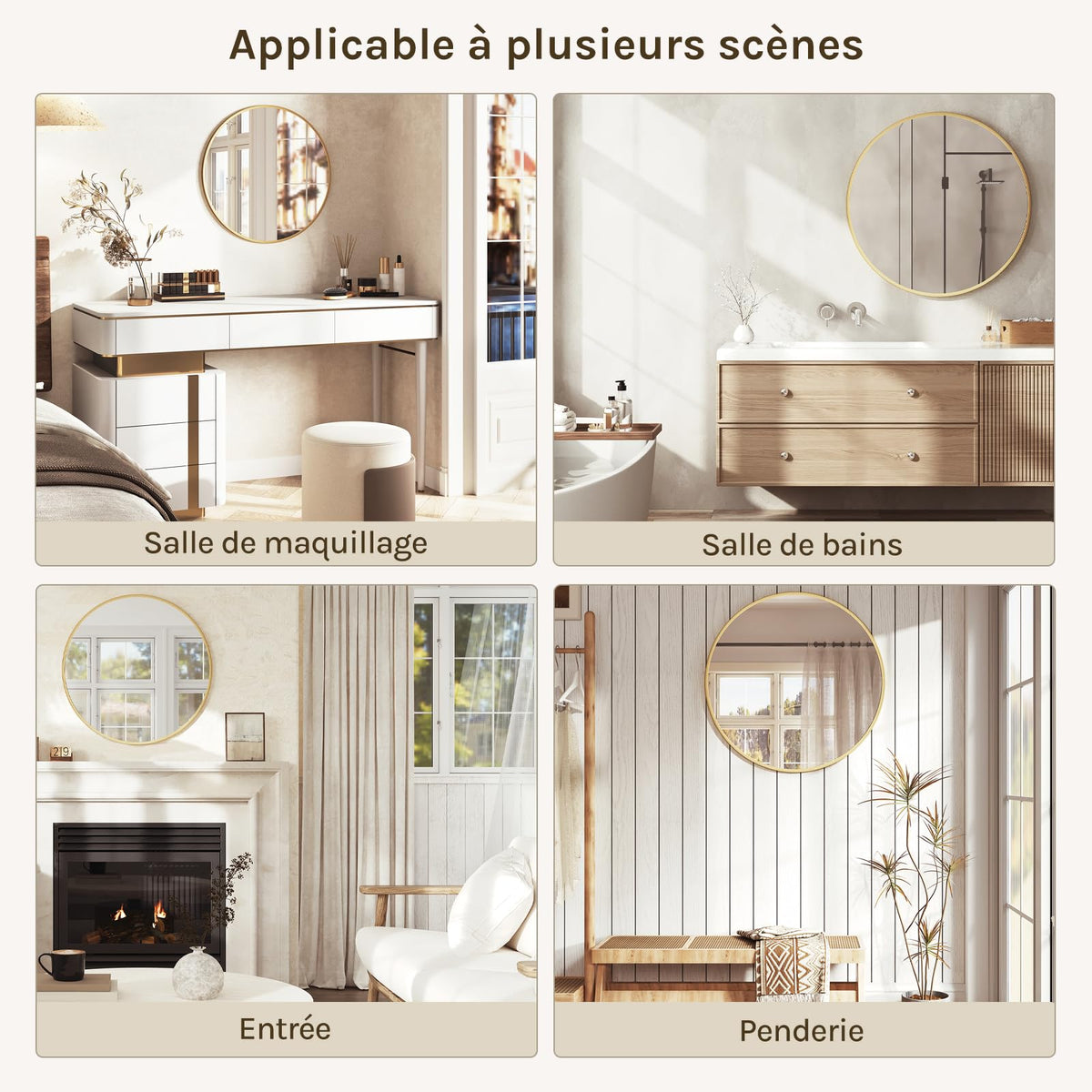 WOLTU Miroir Mural Rond, Miroir Salle de Bain, Ø50 cm, Doré | Cadre en Métal, Miroir Rond Décoratif pour Entrée, Chambre, Maquillage, Couloir, Moderne