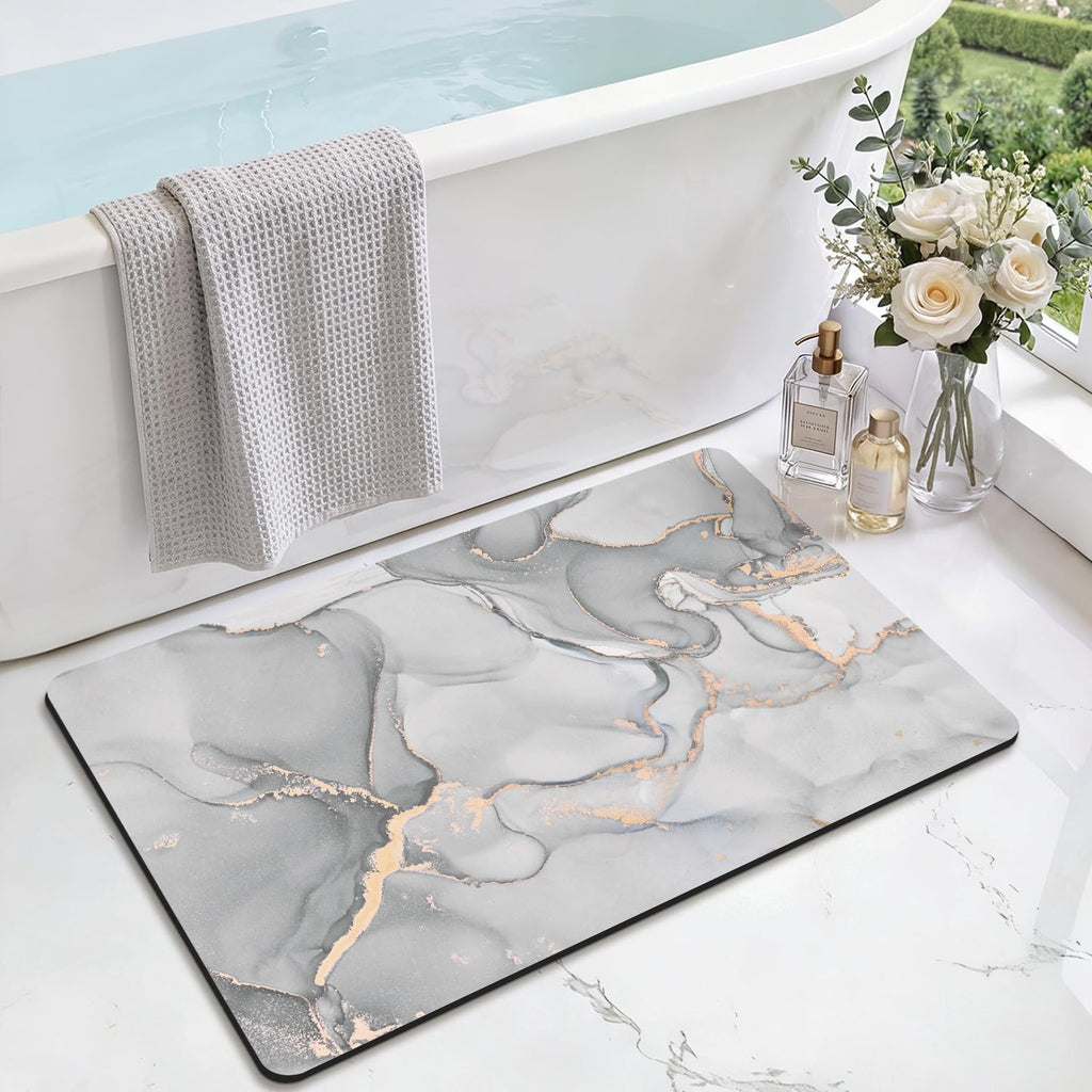 DEXI Tapis de Bain Antidérapant Ultra Mince 40x60cm Noir | Super Absorbant, Sèche Rapide, Motif Marbre Moderne, Facile à Nettoyer, pour Salle de Bain, Baignoire et Douche