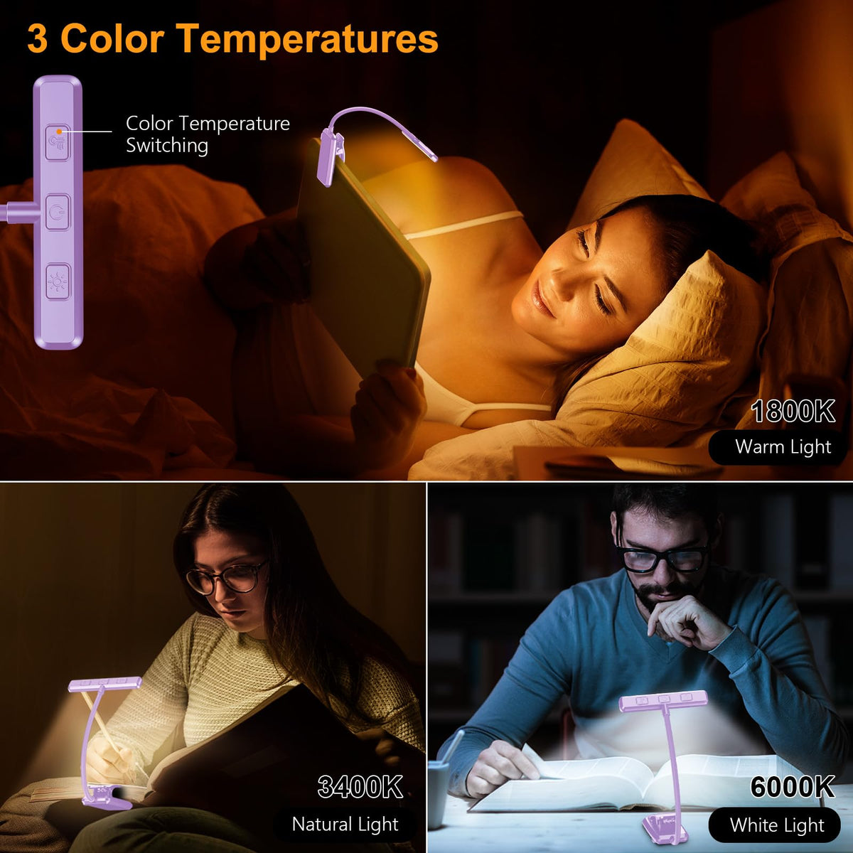 Gritin Lampe de Lecture 19LED Liseuse Clip Rechargeable Protection des Yeux | Gradation en Continu &3 Couleurs (Ambre/Blanc/Mixte), 360°Cou Flexible, Longue Durée, Légère&Portable pour Lire au Lit