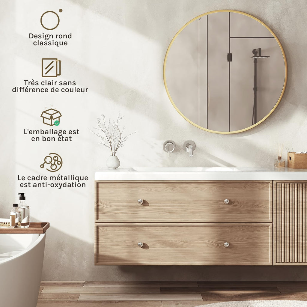 WOLTU Miroir Mural Rond, Miroir Salle de Bain, Ø50 cm, Doré | Cadre en Métal, Miroir Rond Décoratif pour Entrée, Chambre, Maquillage, Couloir, Moderne
