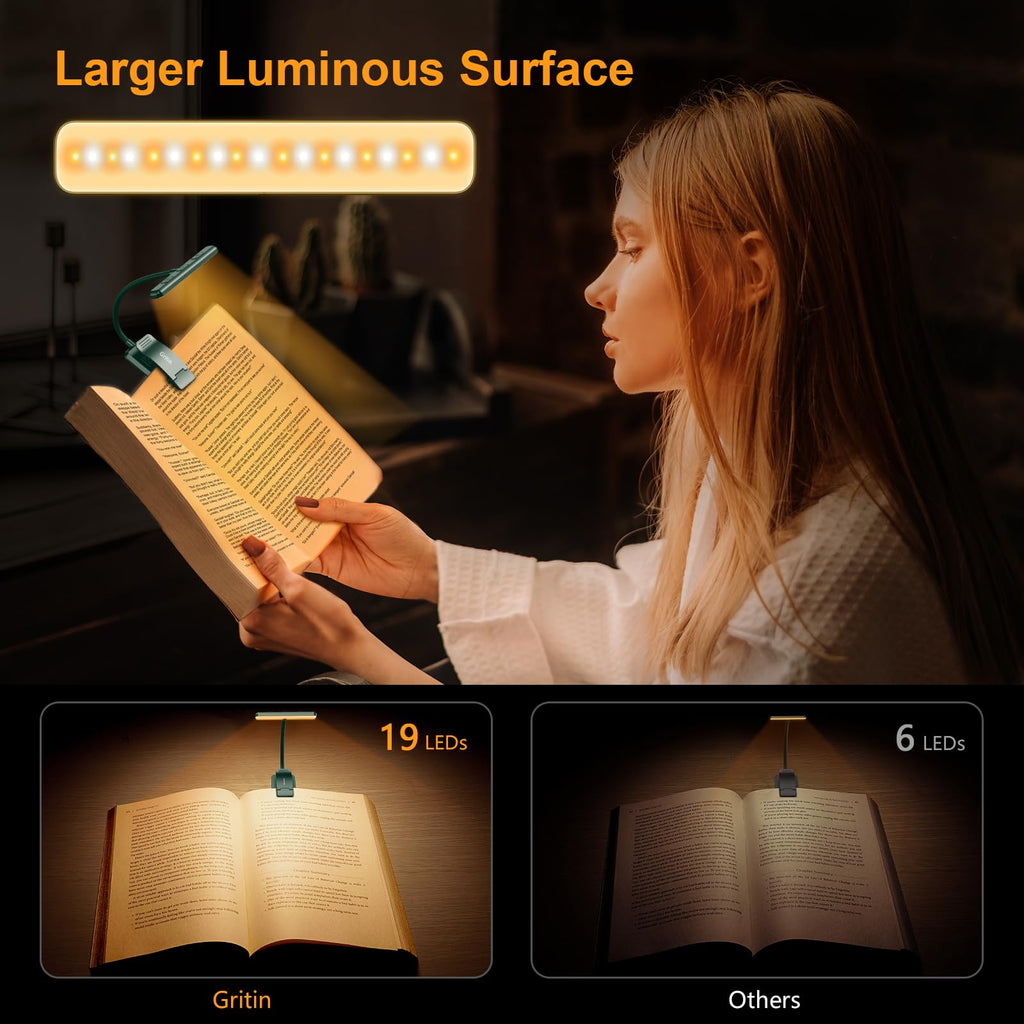 Gritin Lampe de Lecture 19LED Liseuse Clip Rechargeable Protection des Yeux | Gradation en Continu &3 Couleurs (Ambre/Blanc/Mixte), 360°Cou Flexible, Longue Durée, Légère&Portable pour Lire au Lit