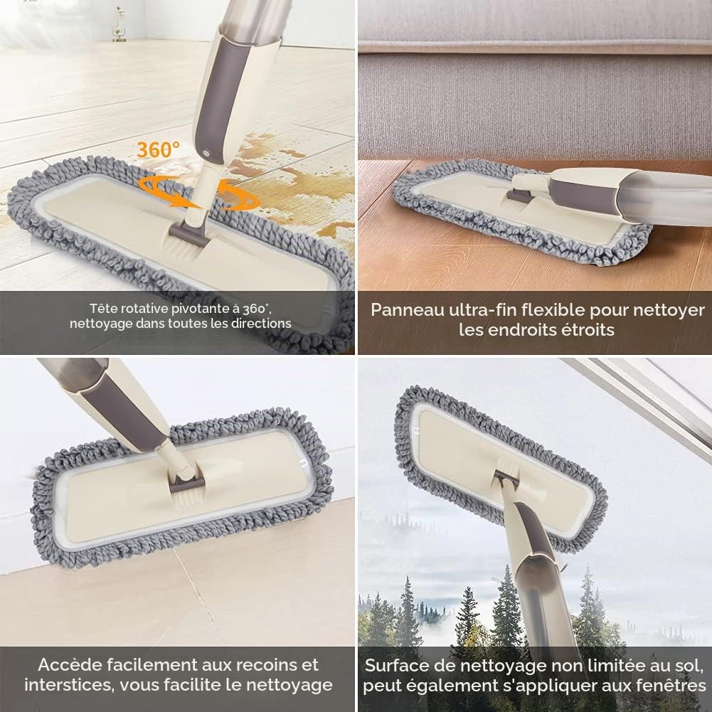 Balais Serpillère Vaporisateur, MEXERRIS Balai Lave Sol avec 2 Reservoirs | Spray Mop Professionnel Microfibre Mop Pulvérisateur pour la Maison, la Cuisine, Bois, Parquet, Stratifié, Bois, Carrelage