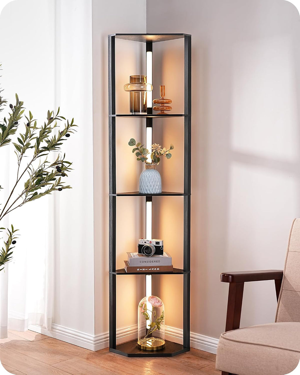 EDISHINE Lampadaire avec Étagère pour Salon, LED Dimmable, Noir | 3 Températures de Couleur, Lampadaire LED avec Tige Pivotante à 360°, Interrupteur au Pied, Étagère d’Angle Éclairée