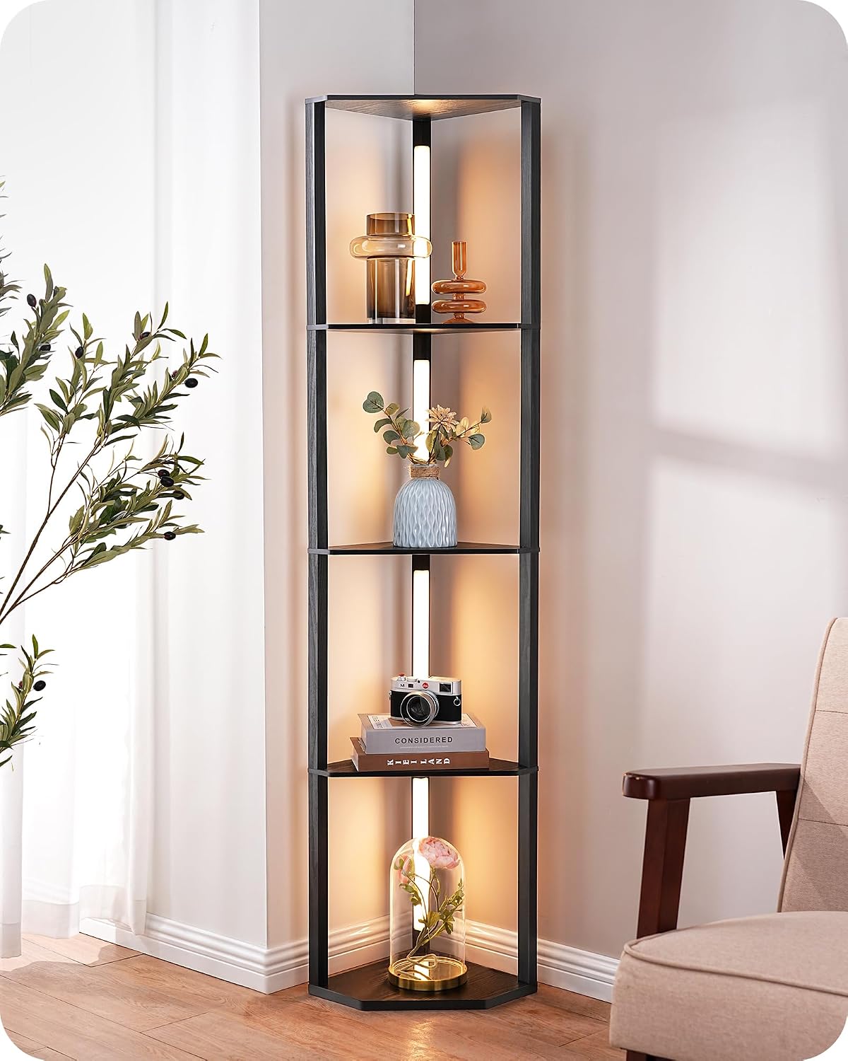 EDISHINE Lampadaire avec Étagère pour Salon, LED Dimmable, Noir | 3 Températures de Couleur, Lampadaire LED avec Tige Pivotante à 360°, Interrupteur au Pied, Étagère d’Angle Éclairée