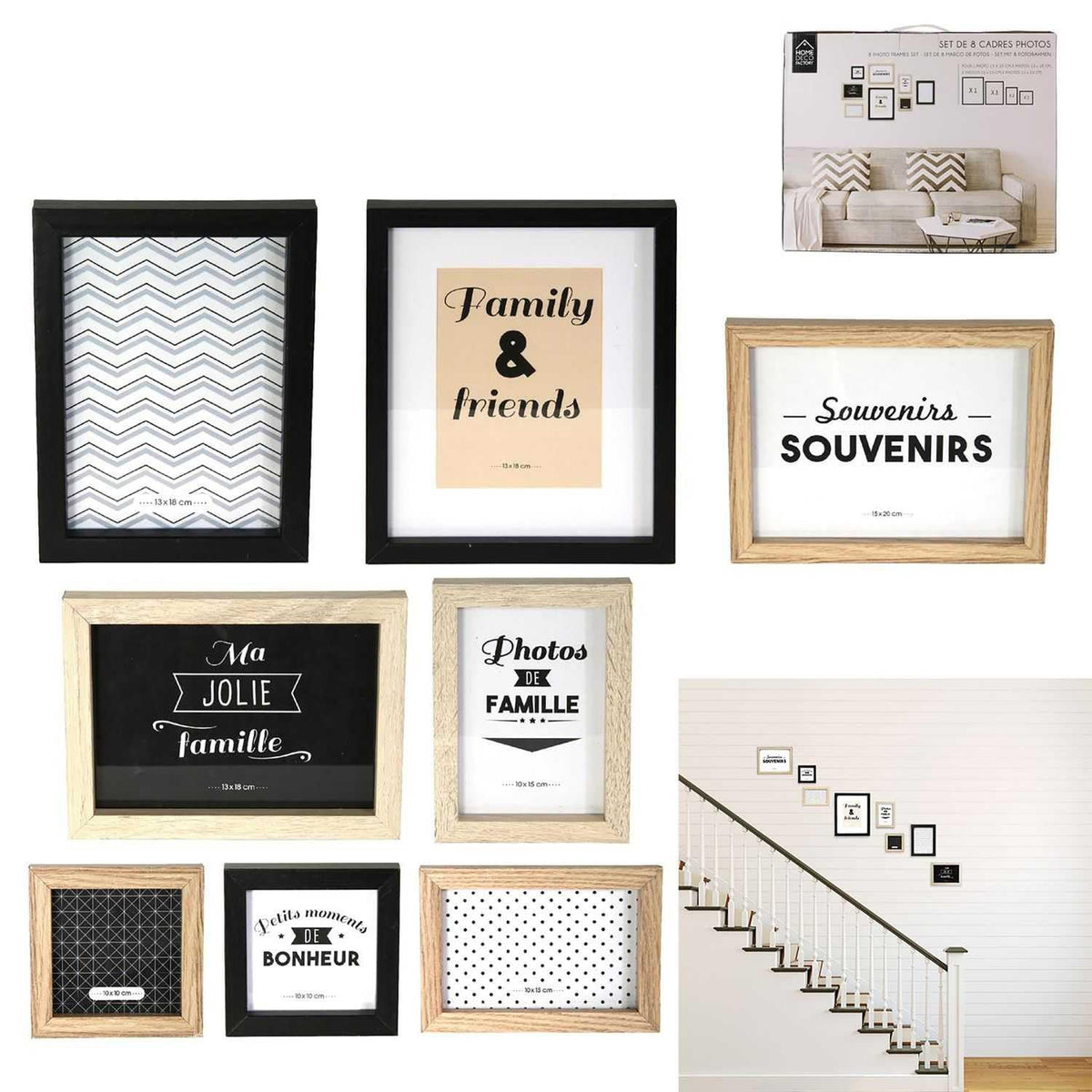 HOME DECO FACTORY Cadre Photos Pêle-Mêle 10 Vues Bois et Blanc Marron | Bois et verre, cadre photos pêle-mêle, 10 vues, design bicolore, décoration souvenirs, fixation murale, beige et marron
