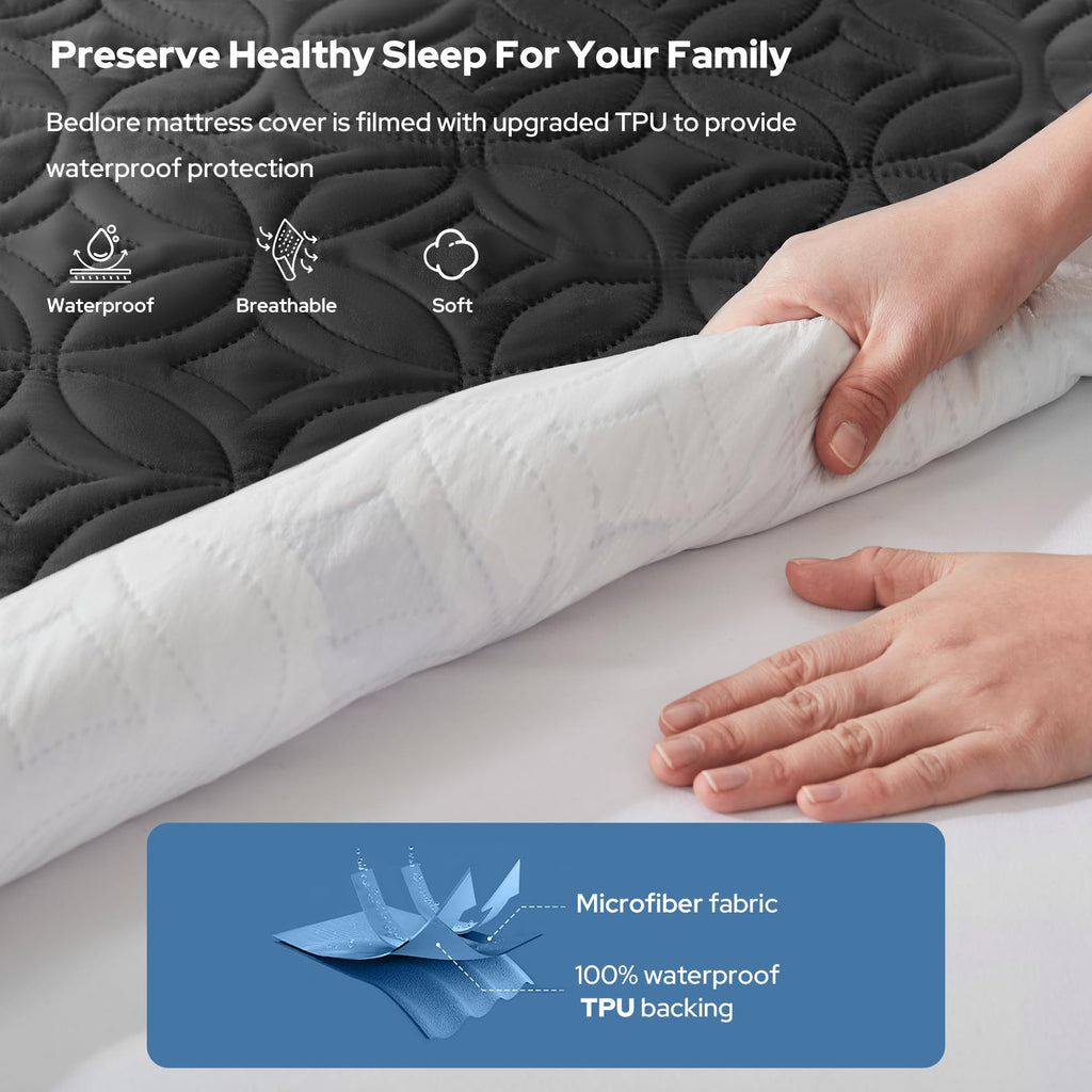 Protège-matelas imperméable BEDLORE, taille King | Bonnets profonds adaptés aux matelas de 15 à 46 cm (6 à 18 pouces), housse douce, silencieuse et résistante aux salissures, lavable (pour maison, chambre, hôtel) – Gris
