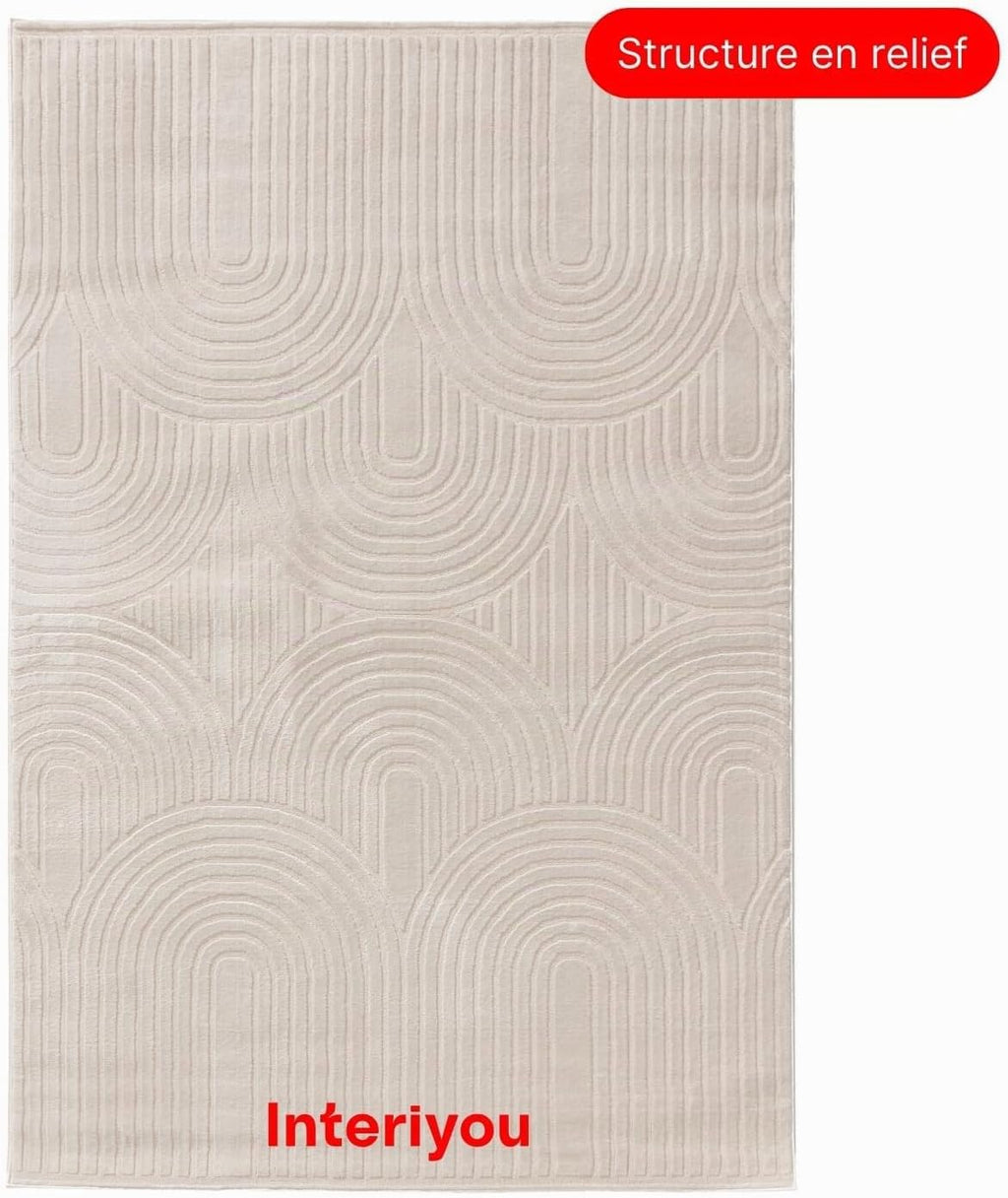 Interiyou Tapis Salon à Poils Courts Cannes - 120x170 Crème - Motif bohème scandinave avec Effet 3D - Plat et géométrique - Poil Ras pour Chambre, Couloir, Bureau