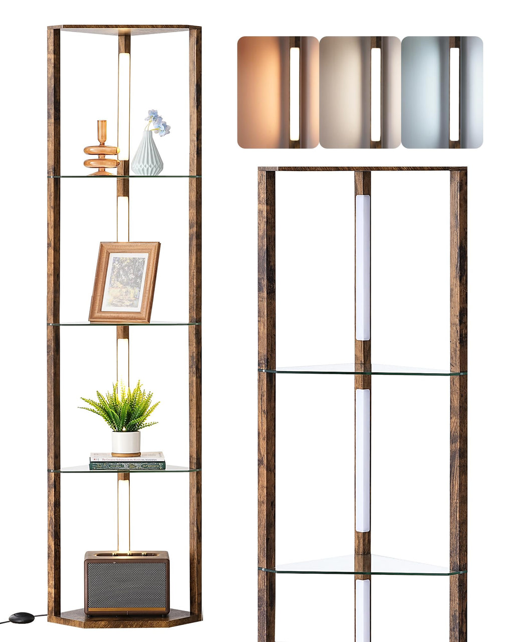 EDISHINE Lampadaire avec Étagère pour Salon, LED Dimmable, Noir | 3 Températures de Couleur, Lampadaire LED avec Tige Pivotante à 360°, Interrupteur au Pied, Étagère d’Angle Éclairée