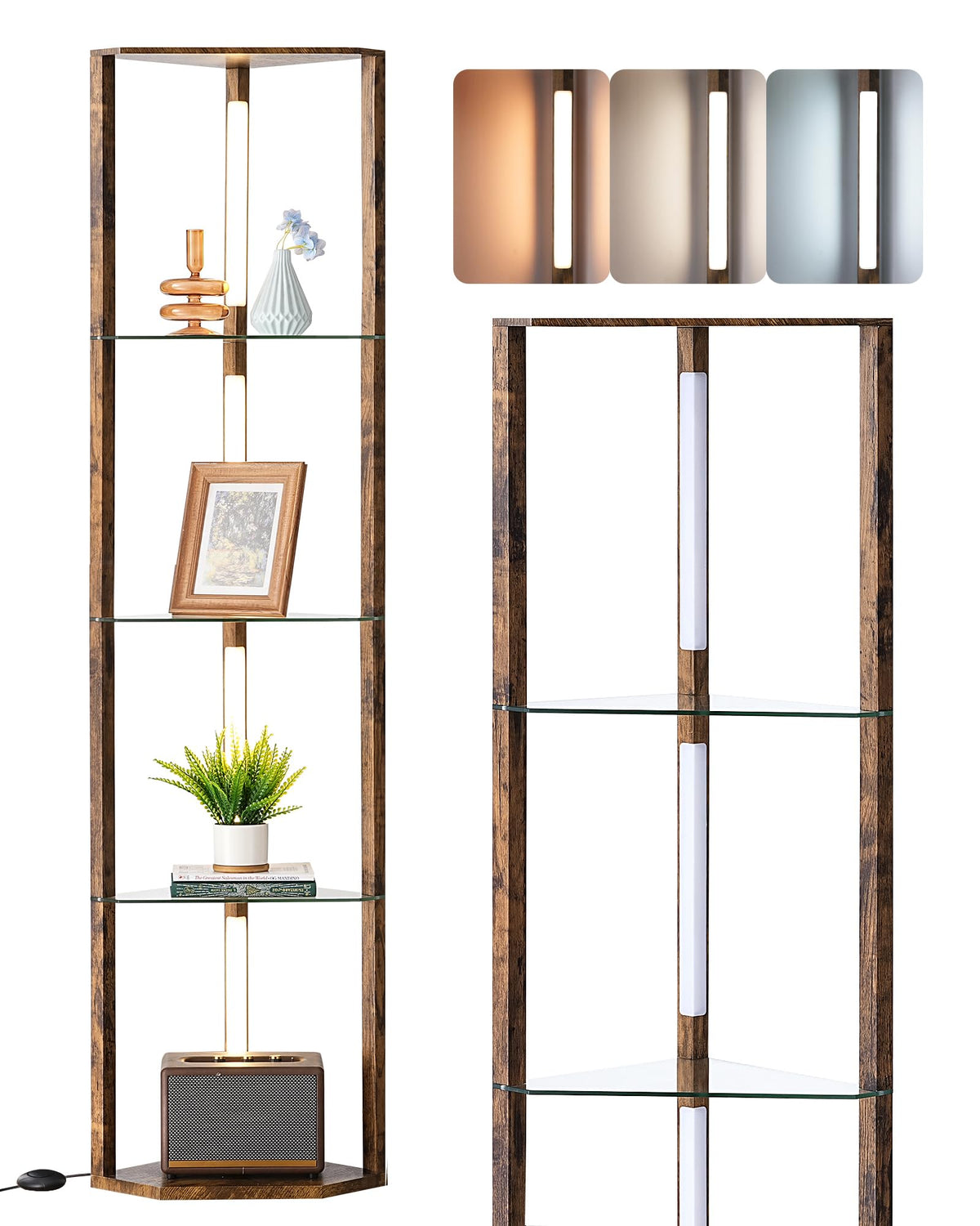 EDISHINE Lampadaire avec Étagère pour Salon, LED Dimmable, Noir | 3 Températures de Couleur, Lampadaire LED avec Tige Pivotante à 360°, Interrupteur au Pied, Étagère d’Angle Éclairée
