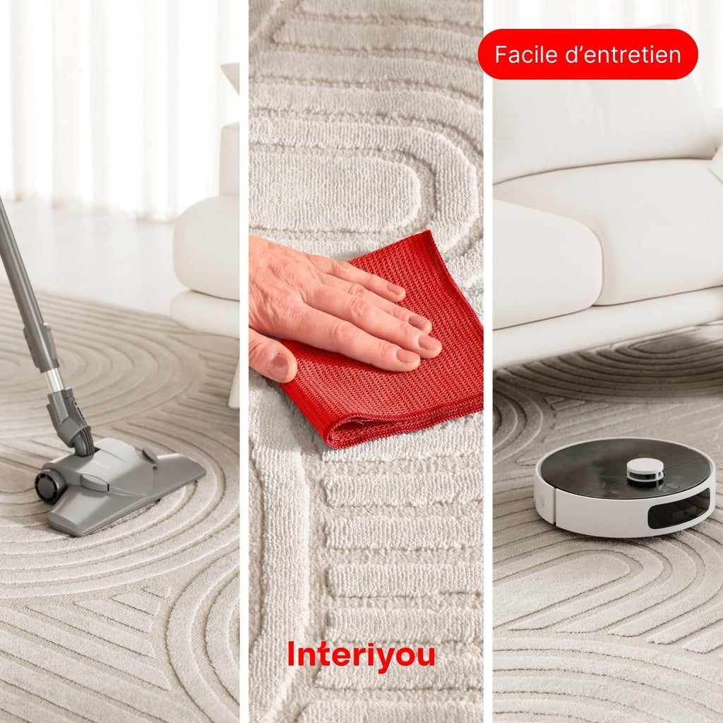 Interiyou Tapis Salon à Poils Courts Cannes - 120x170 Crème - Motif bohème scandinave avec Effet 3D - Plat et géométrique - Poil Ras pour Chambre, Couloir, Bureau