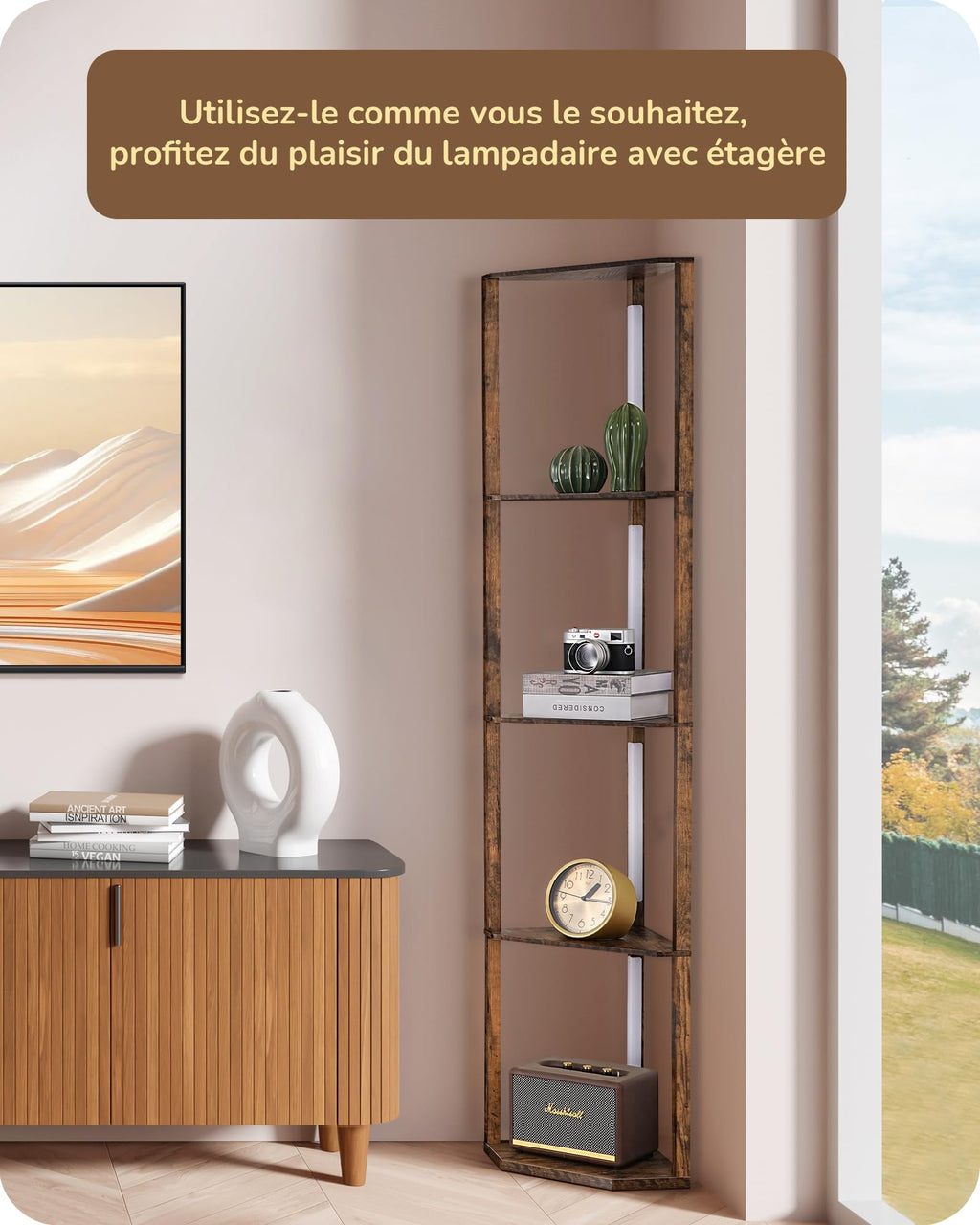 EDISHINE Lampadaire avec Étagère pour Salon, LED Dimmable, Noir | 3 Températures de Couleur, Lampadaire LED avec Tige Pivotante à 360°, Interrupteur au Pied, Étagère d’Angle Éclairée