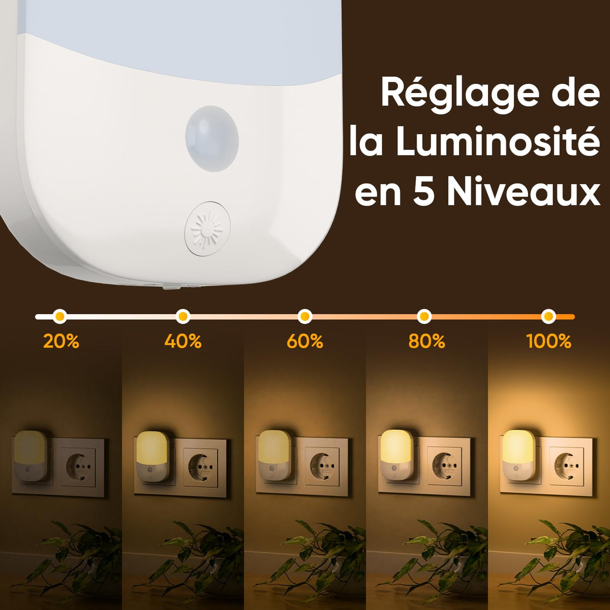 Suright Lot de 2 Veilleuses Enfant à Prise Murale, CAPTEUR LUMIÈRE INTELLIGENT, 5 Intensités Lumineuses, 3 Modes, Lumière Blanc Chaud, Lampe de Nuit Bébé pour Chambre, Escalier, Cuisine 0,3W