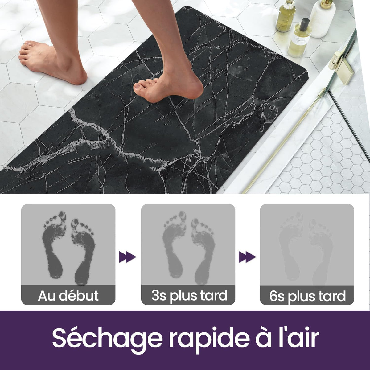 DEXI Tapis de Bain Antidérapant Ultra Mince 40x60cm Noir | Super Absorbant, Sèche Rapide, Motif Marbre Moderne, Facile à Nettoyer, pour Salle de Bain, Baignoire et Douche