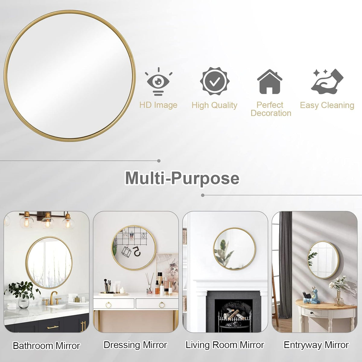 WOLTU Miroir Mural Rond, Miroir Salle de Bain, Ø50 cm, Doré | Cadre en Métal, Miroir Rond Décoratif pour Entrée, Chambre, Maquillage, Couloir, Moderne