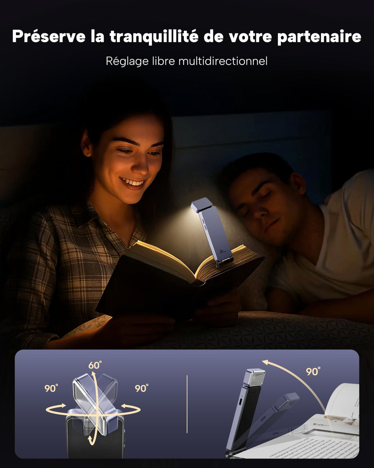 86lux Lampe de Lecture Rechargeable Liseuse LED USB-C, Vert | Lampe à Pince Marque-Page avec 3 Températures de Couleur, Jusqu'à 80H d'Autonomie