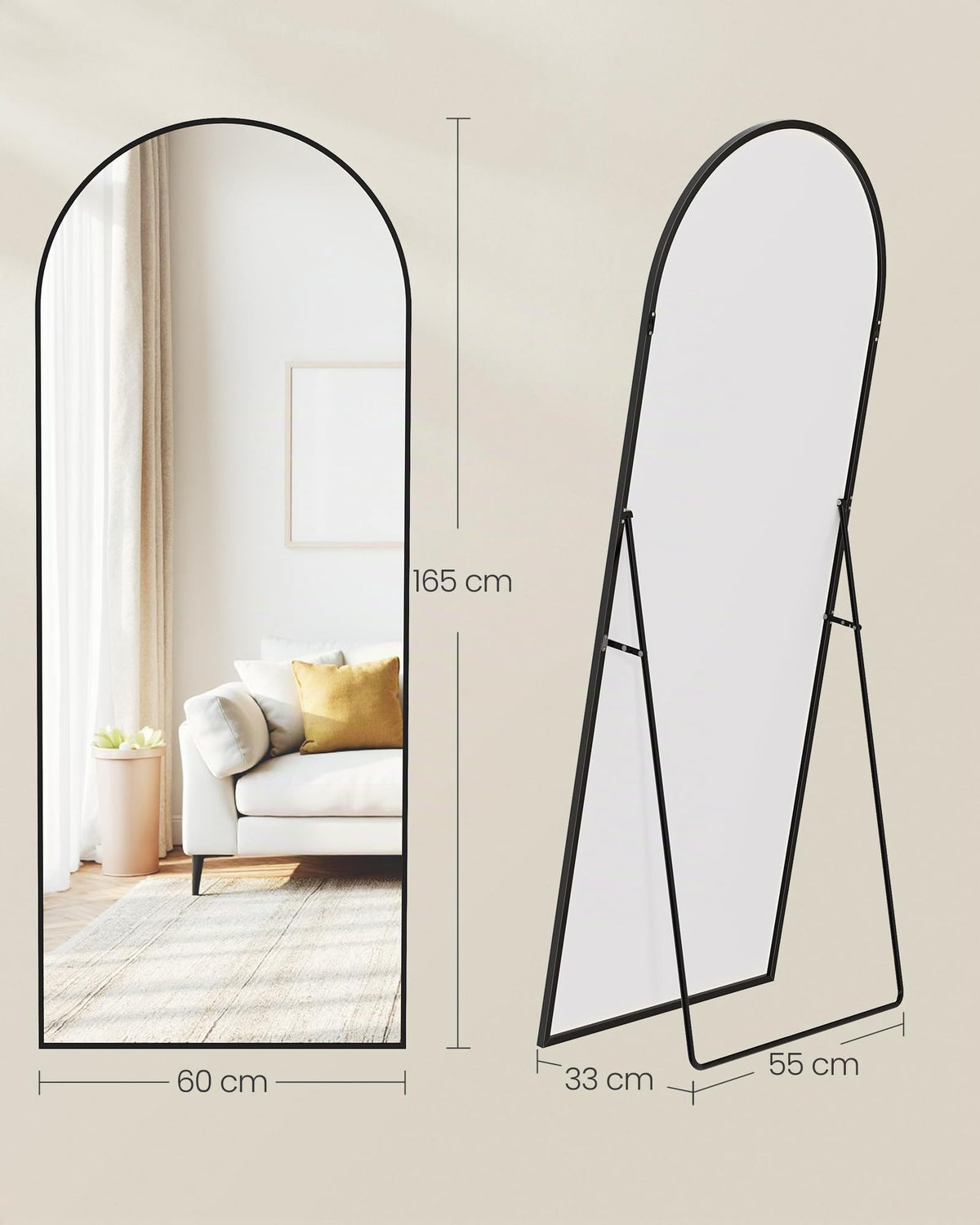 SONGMICS Miroir Intégral, 160 x 50 cm, Miroir Arqué sur Pied, à Poser au Sol, Cadre en Alliage d’Aluminium, Verre Trempé, pour Chambre, Salon, Dressing, Noir d'encre LFM031B01 | Cadre en alliage d'aluminium pour chambre à coucher, salon, vestiaire, noir m