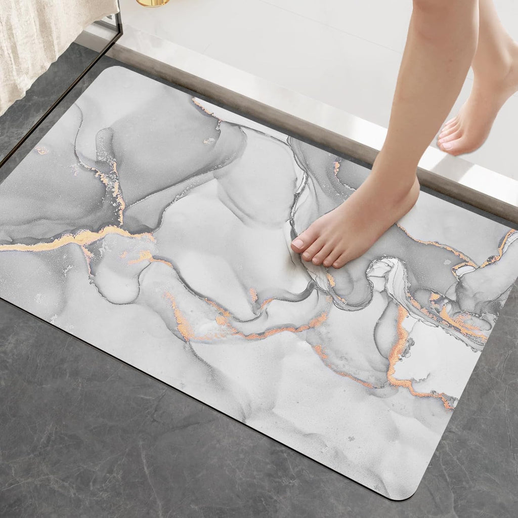 DEXI Tapis de Bain Antidérapant Ultra Mince 40x60cm Noir | Super Absorbant, Sèche Rapide, Motif Marbre Moderne, Facile à Nettoyer, pour Salle de Bain, Baignoire et Douche