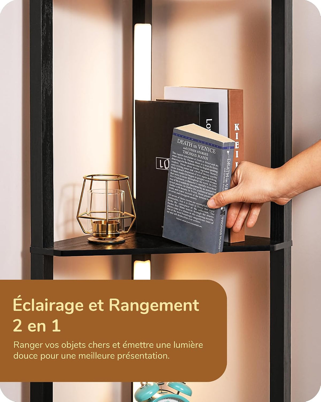 EDISHINE Lampadaire avec Étagère pour Salon, LED Dimmable, Noir | 3 Températures de Couleur, Lampadaire LED avec Tige Pivotante à 360°, Interrupteur au Pied, Étagère d’Angle Éclairée