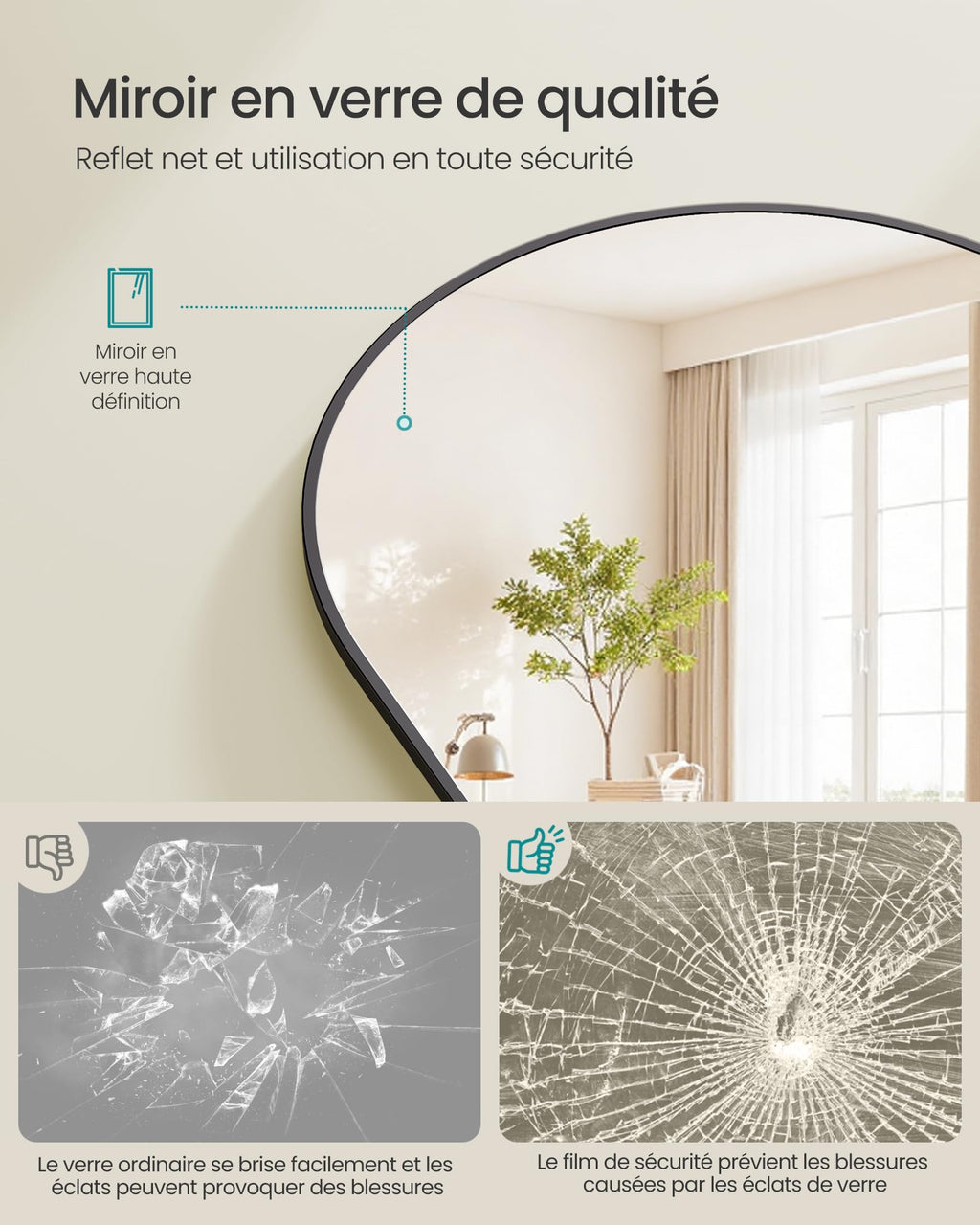 SONGMICS Miroir Intégral, 160 x 50 cm, Miroir Arqué sur Pied, à Poser au Sol, Cadre en Alliage d’Aluminium, Verre Trempé, pour Chambre, Salon, Dressing, Noir d'encre LFM031B01 | Cadre en alliage d'aluminium pour chambre à coucher, salon, vestiaire, noir m