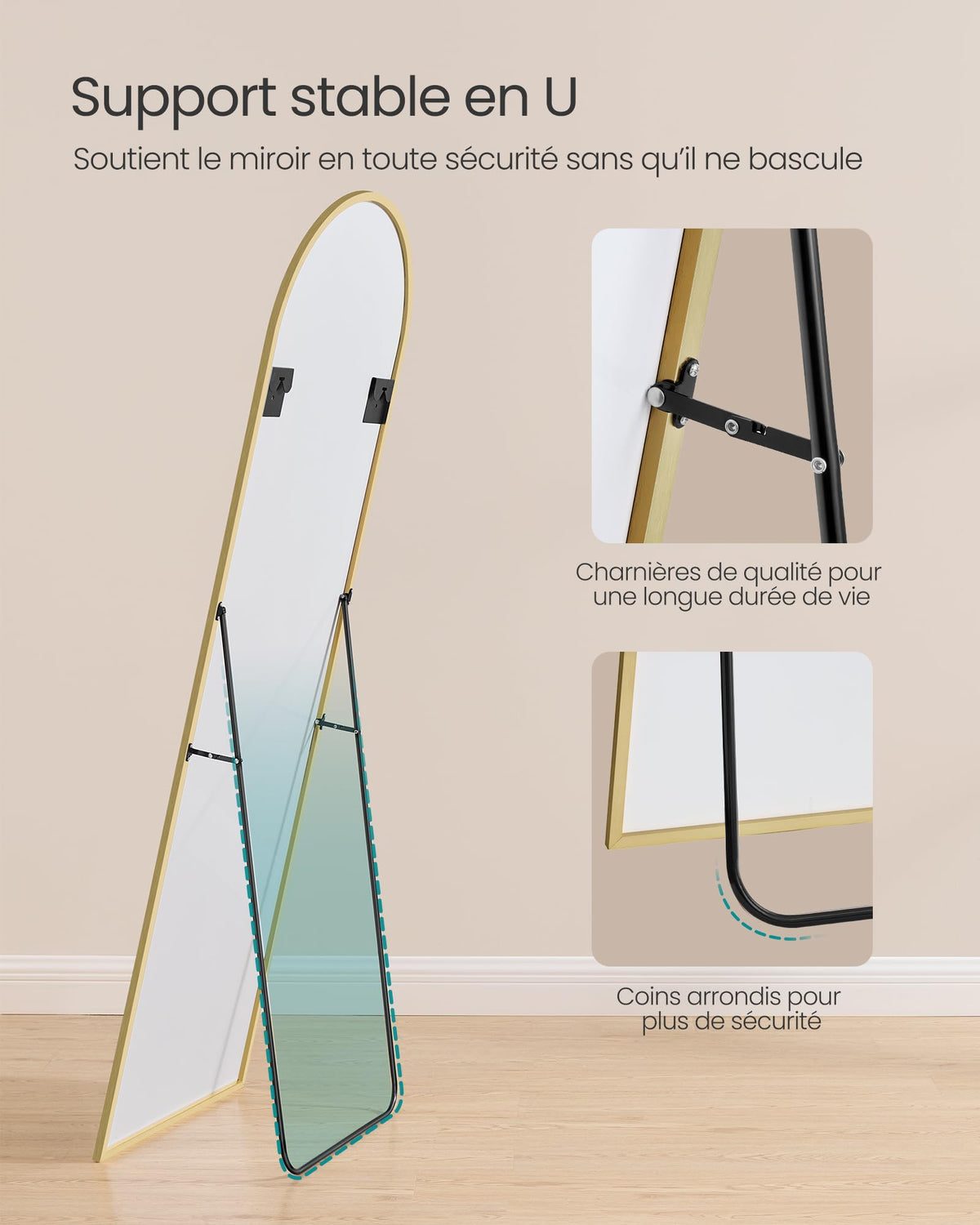 SONGMICS Miroir Intégral, 160 x 50 cm, Miroir Arqué sur Pied, à Poser au Sol, Cadre en Alliage d’Aluminium, Verre Trempé, pour Chambre, Salon, Dressing, Noir d'encre LFM031B01 | Cadre en alliage d'aluminium pour chambre à coucher, salon, vestiaire, noir m