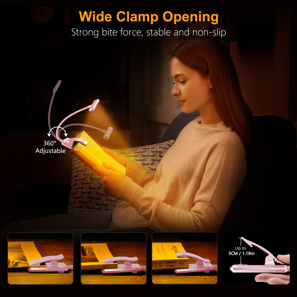 Gritin Lampe de Lecture 19LED Liseuse Clip Rechargeable Protection des Yeux | Gradation en Continu &3 Couleurs (Ambre/Blanc/Mixte), 360°Cou Flexible, Longue Durée, Légère&Portable pour Lire au Lit