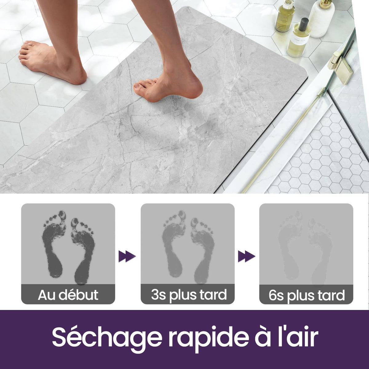 DEXI Tapis de Bain Antidérapant Ultra Mince 40x60cm Noir | Super Absorbant, Sèche Rapide, Motif Marbre Moderne, Facile à Nettoyer, pour Salle de Bain, Baignoire et Douche