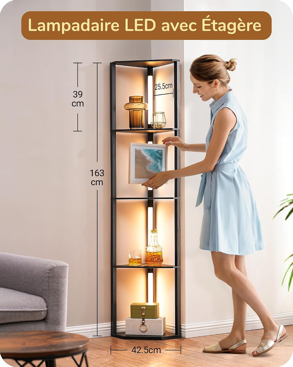 EDISHINE Lampadaire avec Étagère pour Salon, LED Dimmable, Noir | 3 Températures de Couleur, Lampadaire LED avec Tige Pivotante à 360°, Interrupteur au Pied, Étagère d’Angle Éclairée