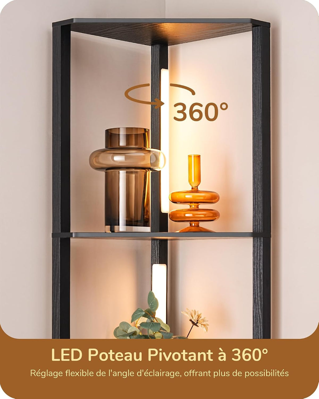 EDISHINE Lampadaire avec Étagère pour Salon, LED Dimmable, Noir | 3 Températures de Couleur, Lampadaire LED avec Tige Pivotante à 360°, Interrupteur au Pied, Étagère d’Angle Éclairée