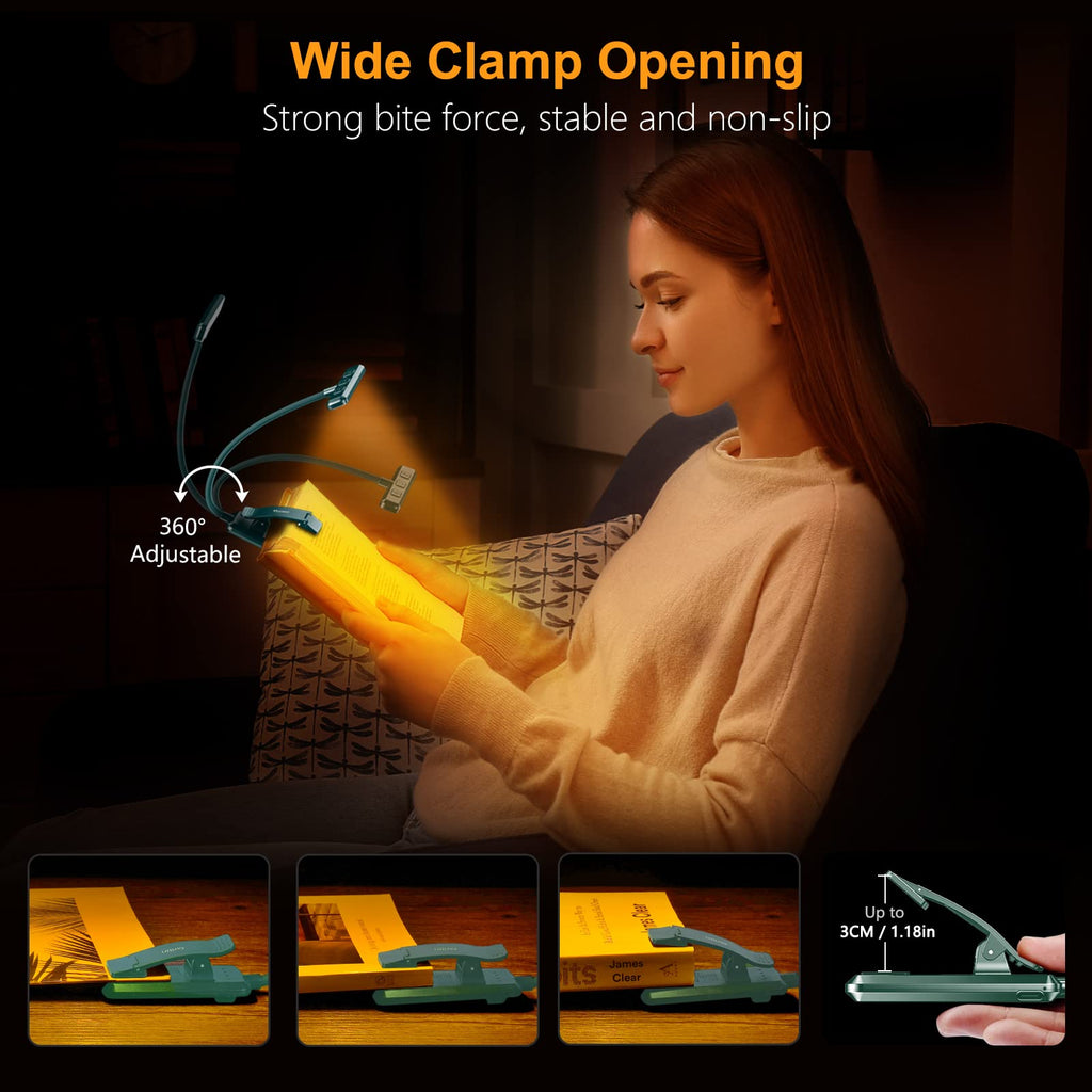 Gritin Lampe de Lecture 19LED Liseuse Clip Rechargeable Protection des Yeux | Gradation en Continu &3 Couleurs (Ambre/Blanc/Mixte), 360°Cou Flexible, Longue Durée, Légère&Portable pour Lire au Lit