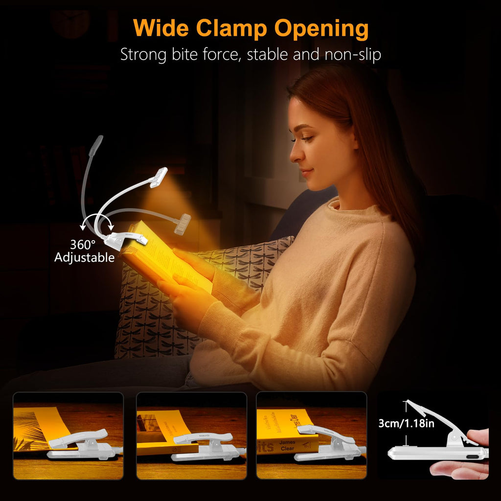 Gritin Lampe de Lecture 19LED Liseuse Clip Rechargeable Protection des Yeux | Gradation en Continu &3 Couleurs (Ambre/Blanc/Mixte), 360°Cou Flexible, Longue Durée, Légère&Portable pour Lire au Lit