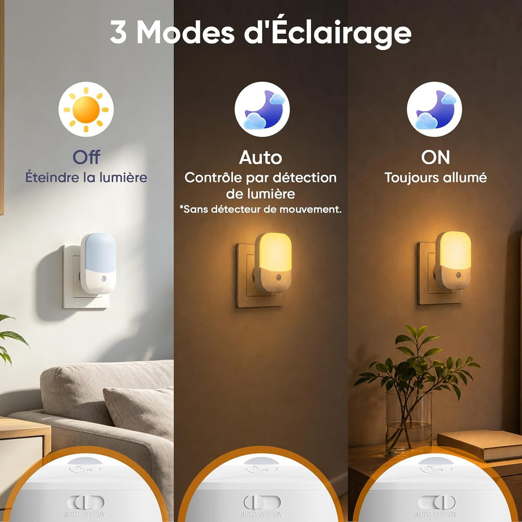 Suright Lot de 2 Veilleuses Enfant à Prise Murale, CAPTEUR LUMIÈRE INTELLIGENT, 5 Intensités Lumineuses, 3 Modes, Lumière Blanc Chaud, Lampe de Nuit Bébé pour Chambre, Escalier, Cuisine 0,3W
