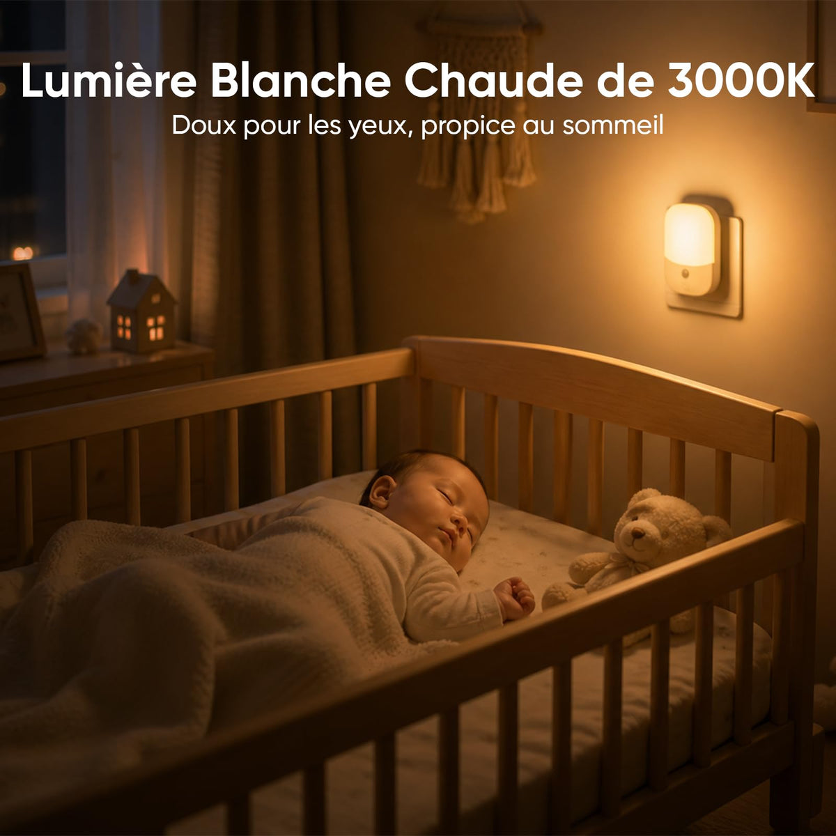 Suright Lot de 2 Veilleuses Enfant à Prise Murale, CAPTEUR LUMIÈRE INTELLIGENT, 5 Intensités Lumineuses, 3 Modes, Lumière Blanc Chaud, Lampe de Nuit Bébé pour Chambre, Escalier, Cuisine 0,3W