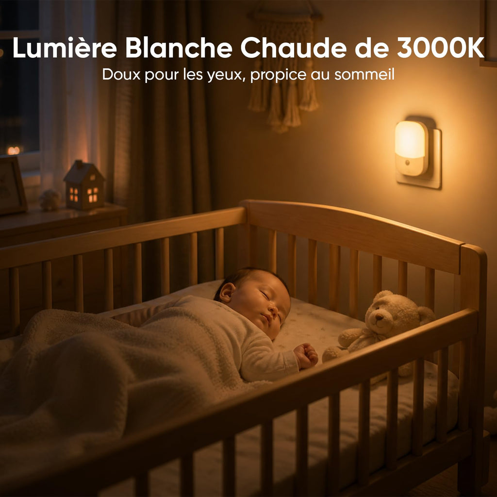 Suright Lot de 2 Veilleuses Enfant à Prise Murale, CAPTEUR LUMIÈRE INTELLIGENT, 5 Intensités Lumineuses, 3 Modes, Lumière Blanc Chaud, Lampe de Nuit Bébé pour Chambre, Escalier, Cuisine 0,3W