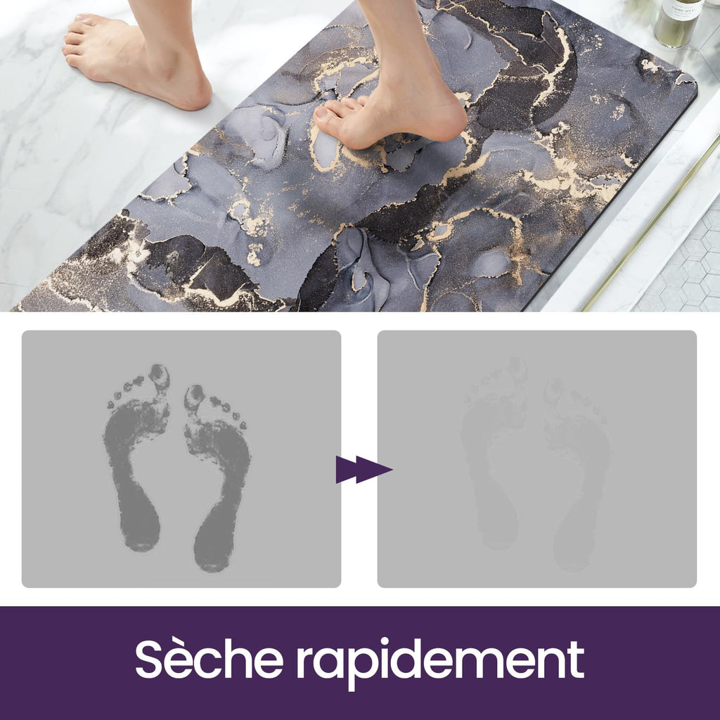 DEXI Tapis de Bain Antidérapant Ultra Mince 40x60cm Noir | Super Absorbant, Sèche Rapide, Motif Marbre Moderne, Facile à Nettoyer, pour Salle de Bain, Baignoire et Douche