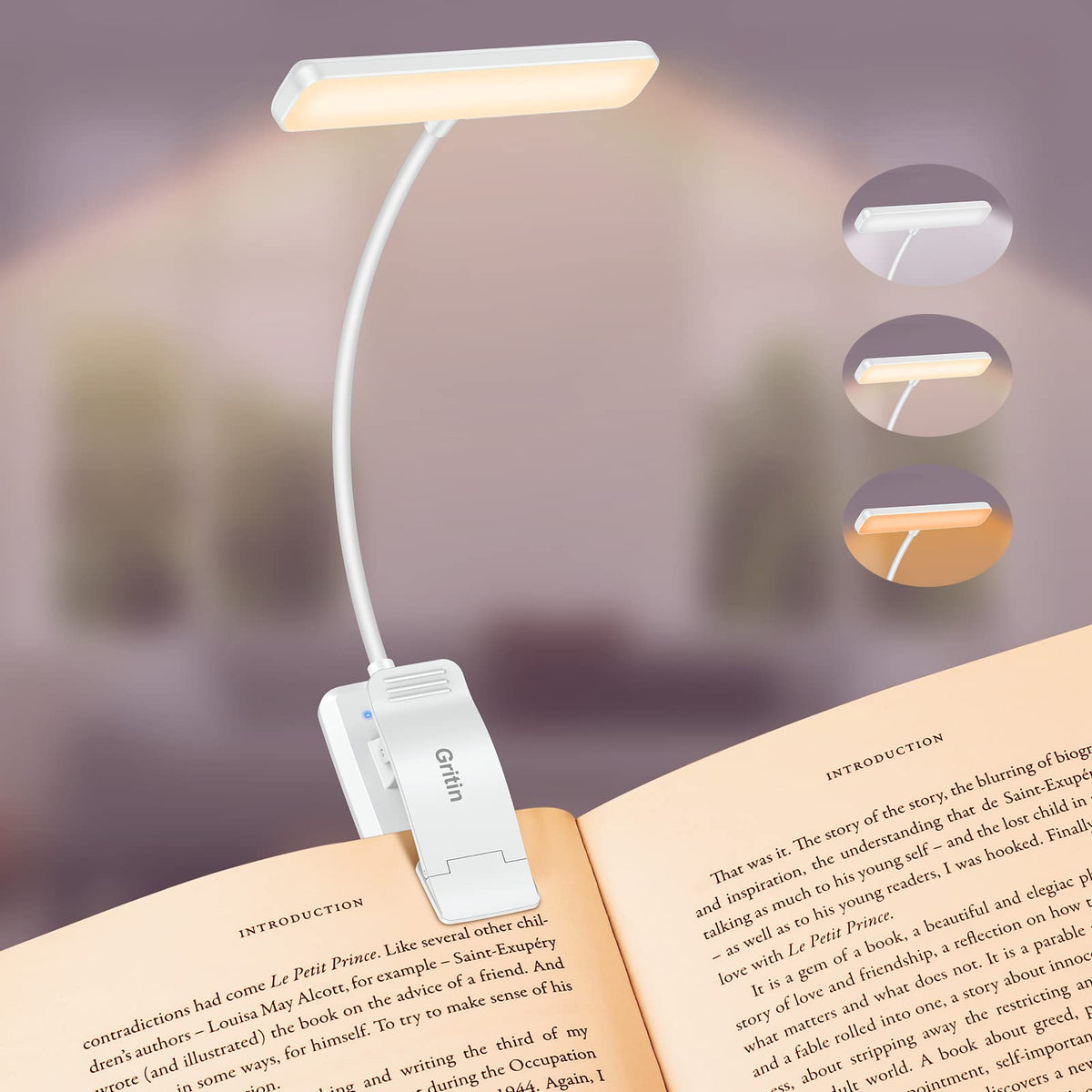 Gritin Lampe de Lecture 19LED Liseuse Clip Rechargeable Protection des Yeux | Gradation en Continu &3 Couleurs (Ambre/Blanc/Mixte), 360°Cou Flexible, Longue Durée, Légère&Portable pour Lire au Lit