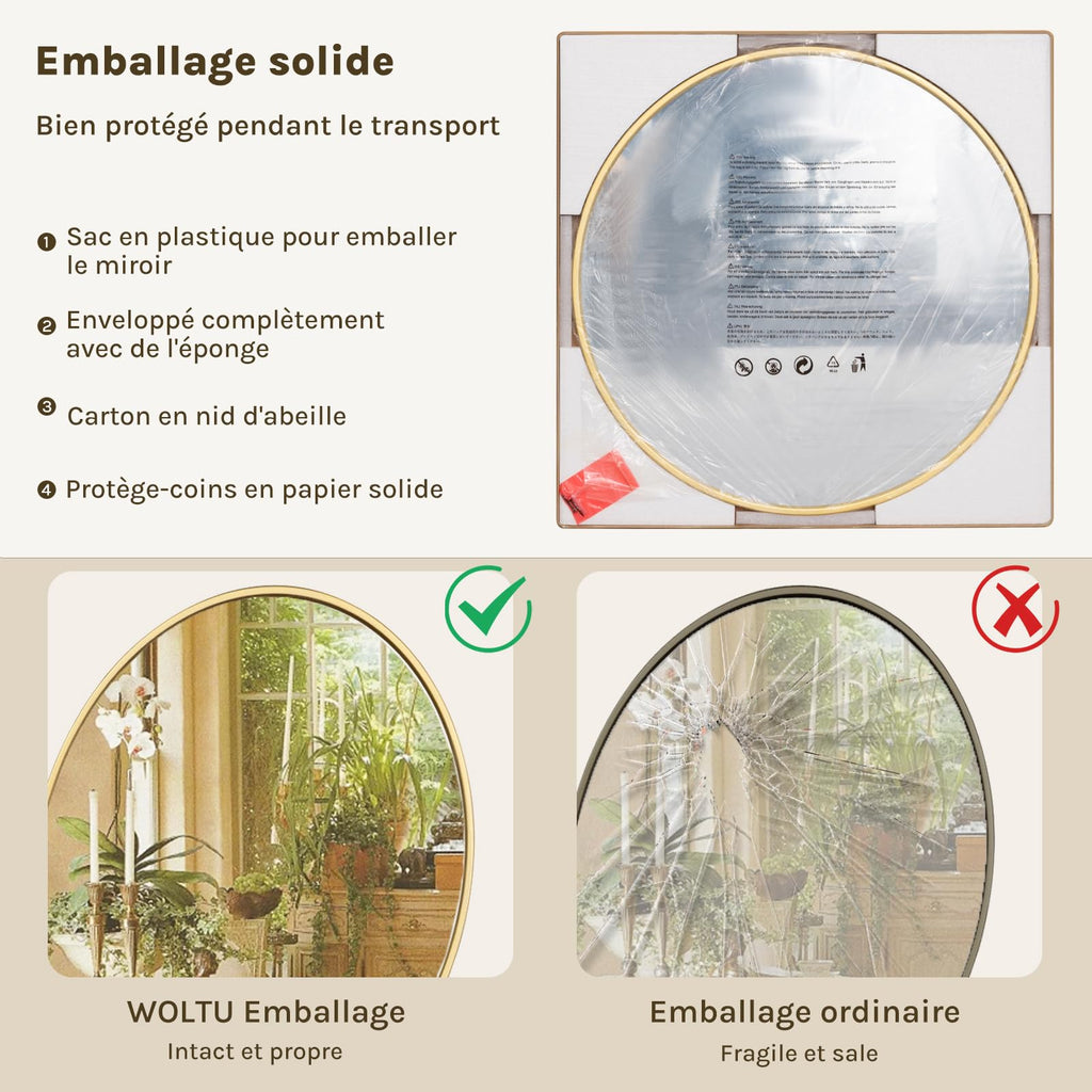 WOLTU Miroir Mural Rond, Miroir Salle de Bain, Ø50 cm, Doré | Cadre en Métal, Miroir Rond Décoratif pour Entrée, Chambre, Maquillage, Couloir, Moderne