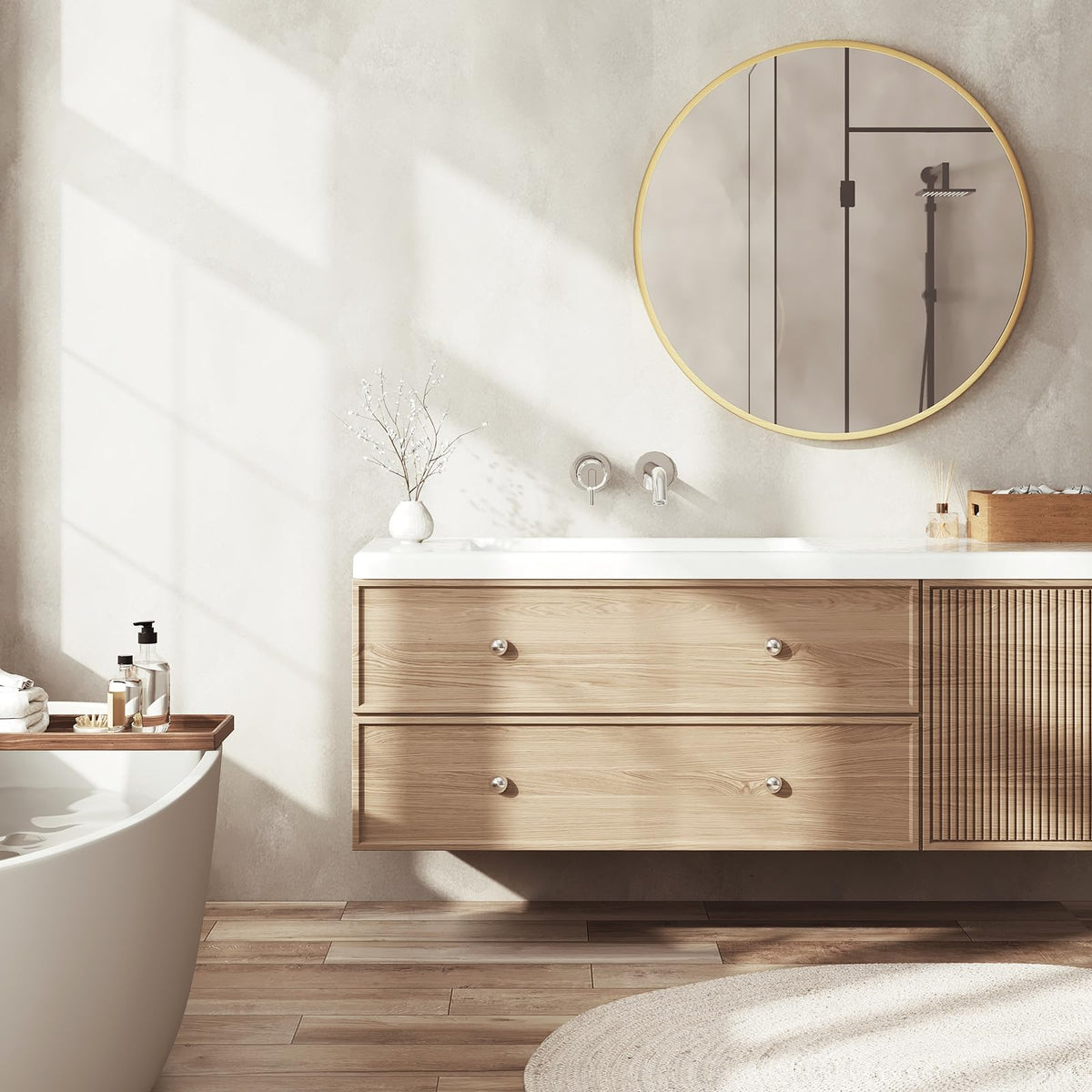 WOLTU Miroir Mural Rond, Miroir Salle de Bain, Ø50 cm, Doré | Cadre en Métal, Miroir Rond Décoratif pour Entrée, Chambre, Maquillage, Couloir, Moderne