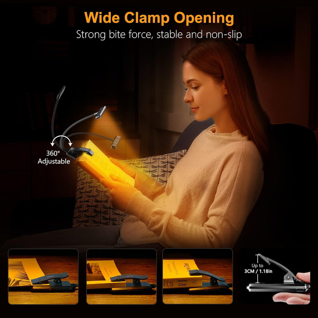 Gritin Lampe de Lecture 19LED Liseuse Clip Rechargeable Protection des Yeux | Gradation en Continu &3 Couleurs (Ambre/Blanc/Mixte), 360°Cou Flexible, Longue Durée, Légère&Portable pour Lire au Lit