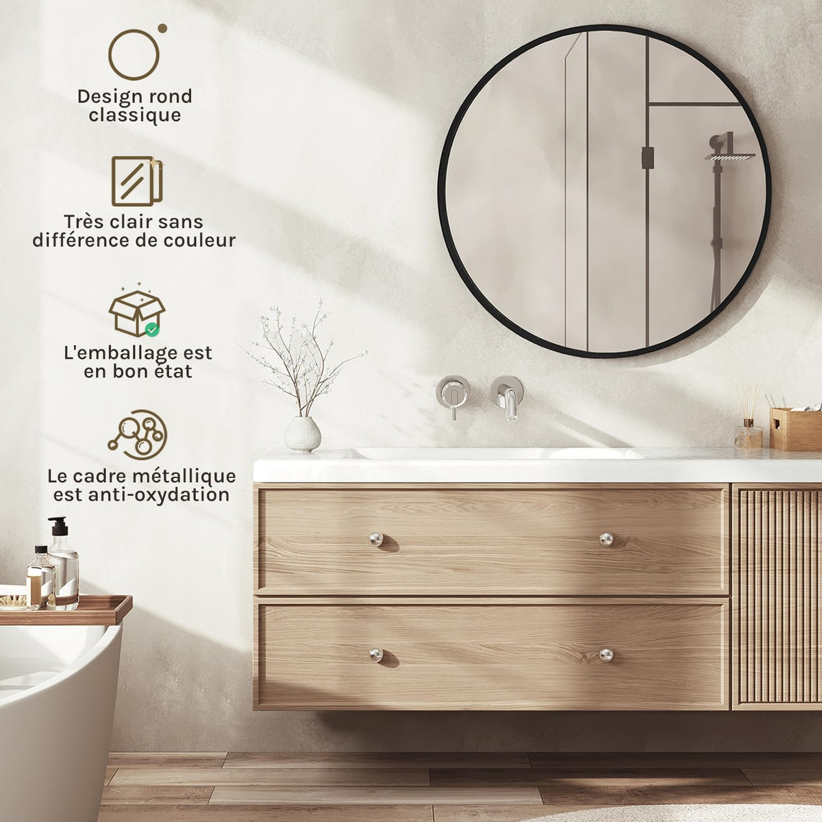 WOLTU Miroir Mural Rond, Miroir Salle de Bain, Ø50 cm, Doré | Cadre en Métal, Miroir Rond Décoratif pour Entrée, Chambre, Maquillage, Couloir, Moderne