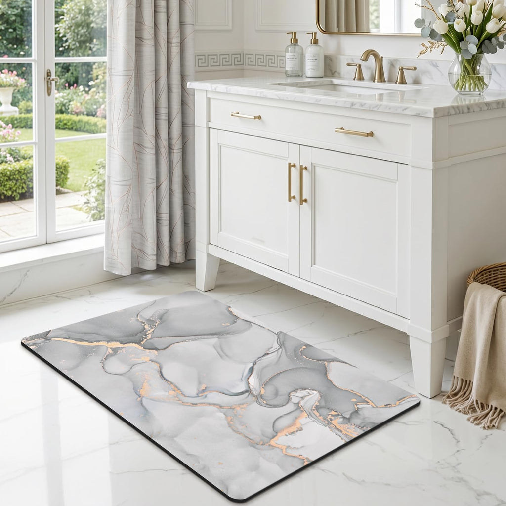 DEXI Tapis de Bain Antidérapant Ultra Mince 40x60cm Noir | Super Absorbant, Sèche Rapide, Motif Marbre Moderne, Facile à Nettoyer, pour Salle de Bain, Baignoire et Douche