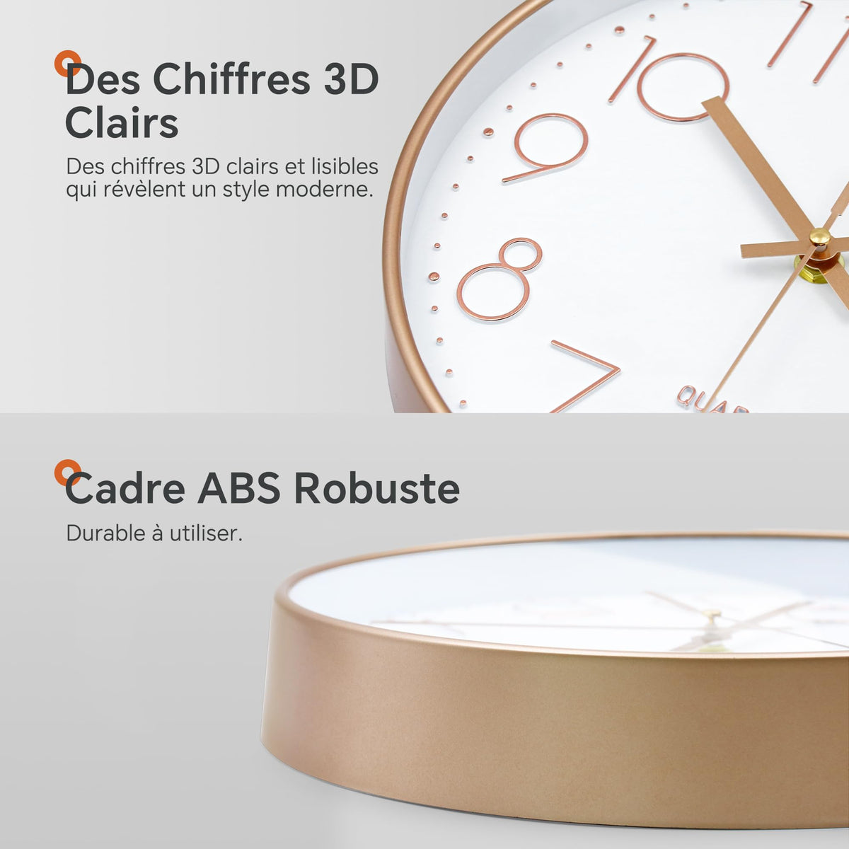 VIKMARI Horloge Murale 20 cm Moderne, Silencieuse, Or Rose, Cuisine, Salon | Décoration cuisine, horloge design moderne, grands chiffres 3D, silencieuse sans tic-tac, idéale pour salon et chambre