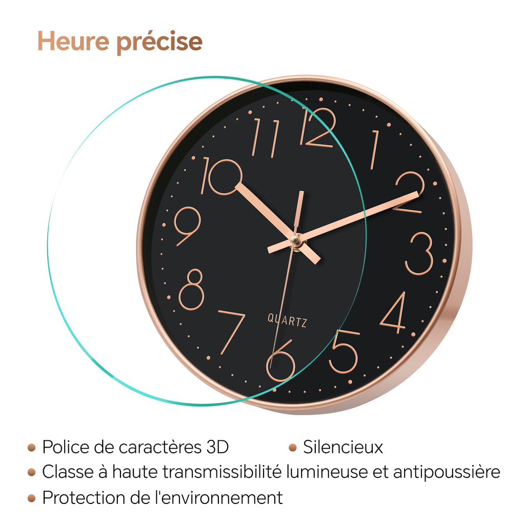 VIKMARI Horloge Murale 20 cm Moderne, Silencieuse, Or Rose, Cuisine, Salon | Décoration cuisine, horloge design moderne, grands chiffres 3D, silencieuse sans tic-tac, idéale pour salon et chambre