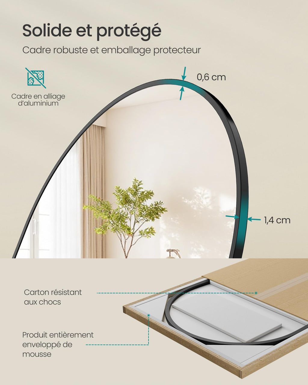 SONGMICS Miroir Intégral, 160 x 50 cm, Miroir Arqué sur Pied, à Poser au Sol, Cadre en Alliage d’Aluminium, Verre Trempé, pour Chambre, Salon, Dressing, Noir d'encre LFM031B01 | Cadre en alliage d'aluminium pour chambre à coucher, salon, vestiaire, noir m