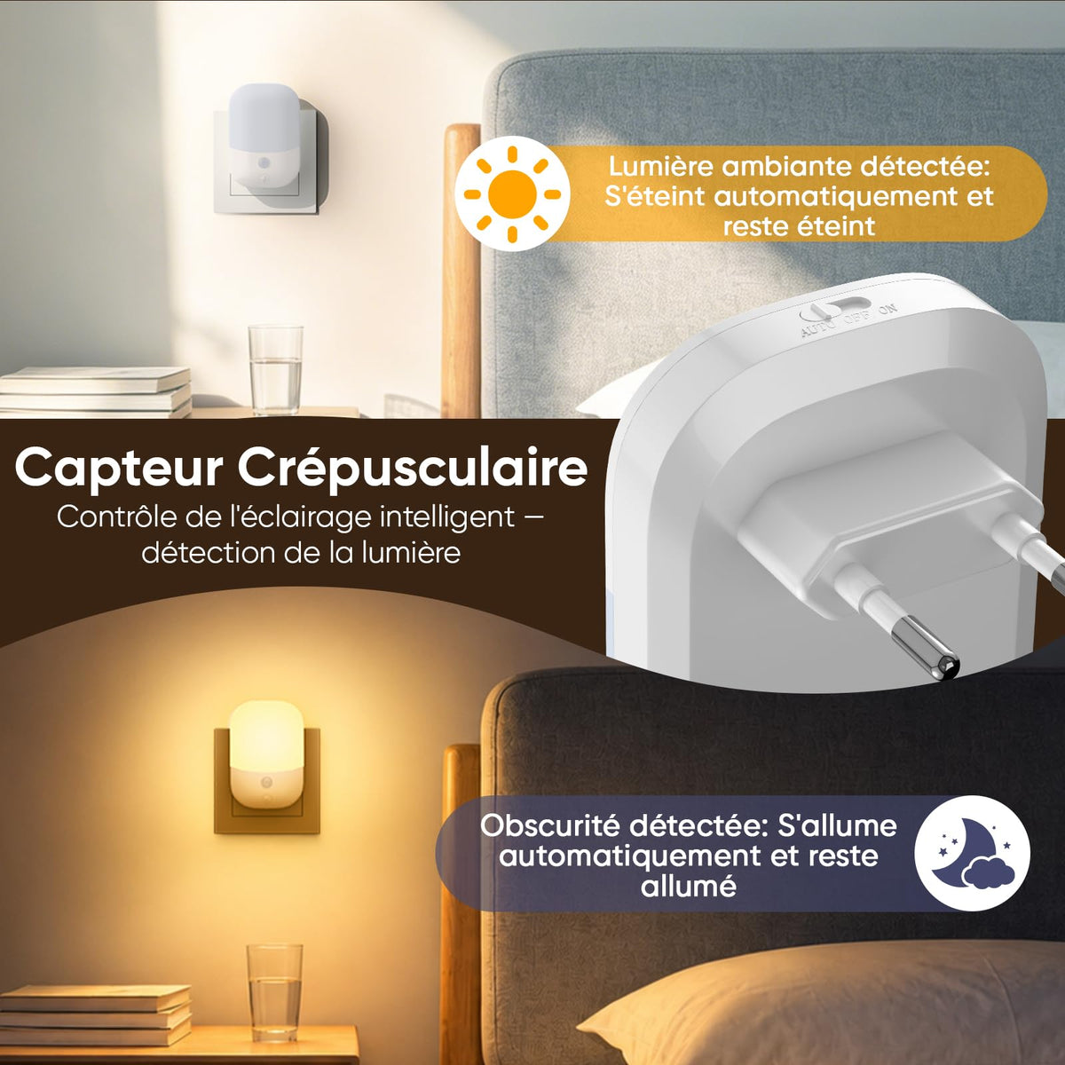 Suright Lot de 2 Veilleuses Enfant à Prise Murale, CAPTEUR LUMIÈRE INTELLIGENT, 5 Intensités Lumineuses, 3 Modes, Lumière Blanc Chaud, Lampe de Nuit Bébé pour Chambre, Escalier, Cuisine 0,3W