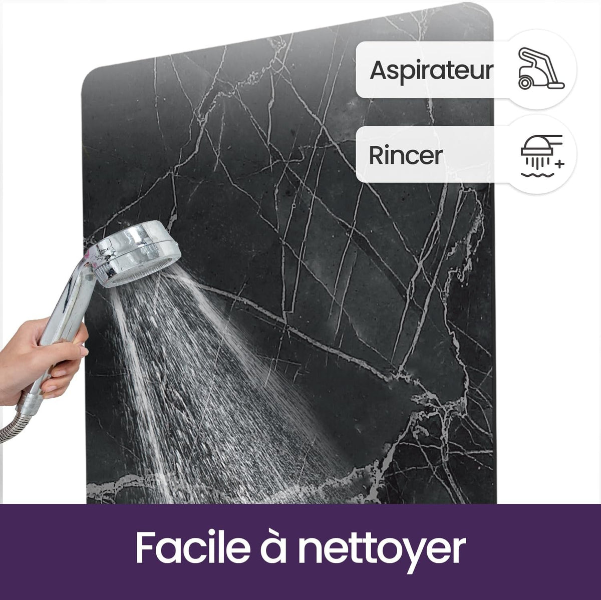 DEXI Tapis de Bain Antidérapant Ultra Mince 40x60cm Noir | Super Absorbant, Sèche Rapide, Motif Marbre Moderne, Facile à Nettoyer, pour Salle de Bain, Baignoire et Douche
