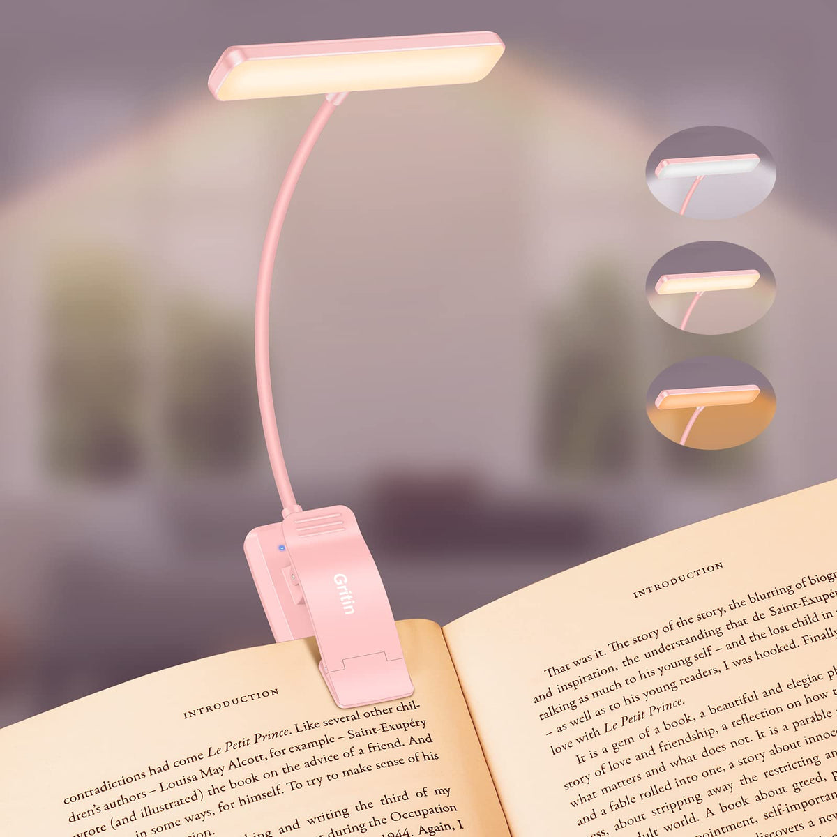 Gritin Lampe de Lecture 19LED Liseuse Clip Rechargeable Protection des Yeux | Gradation en Continu &3 Couleurs (Ambre/Blanc/Mixte), 360°Cou Flexible, Longue Durée, Légère&Portable pour Lire au Lit