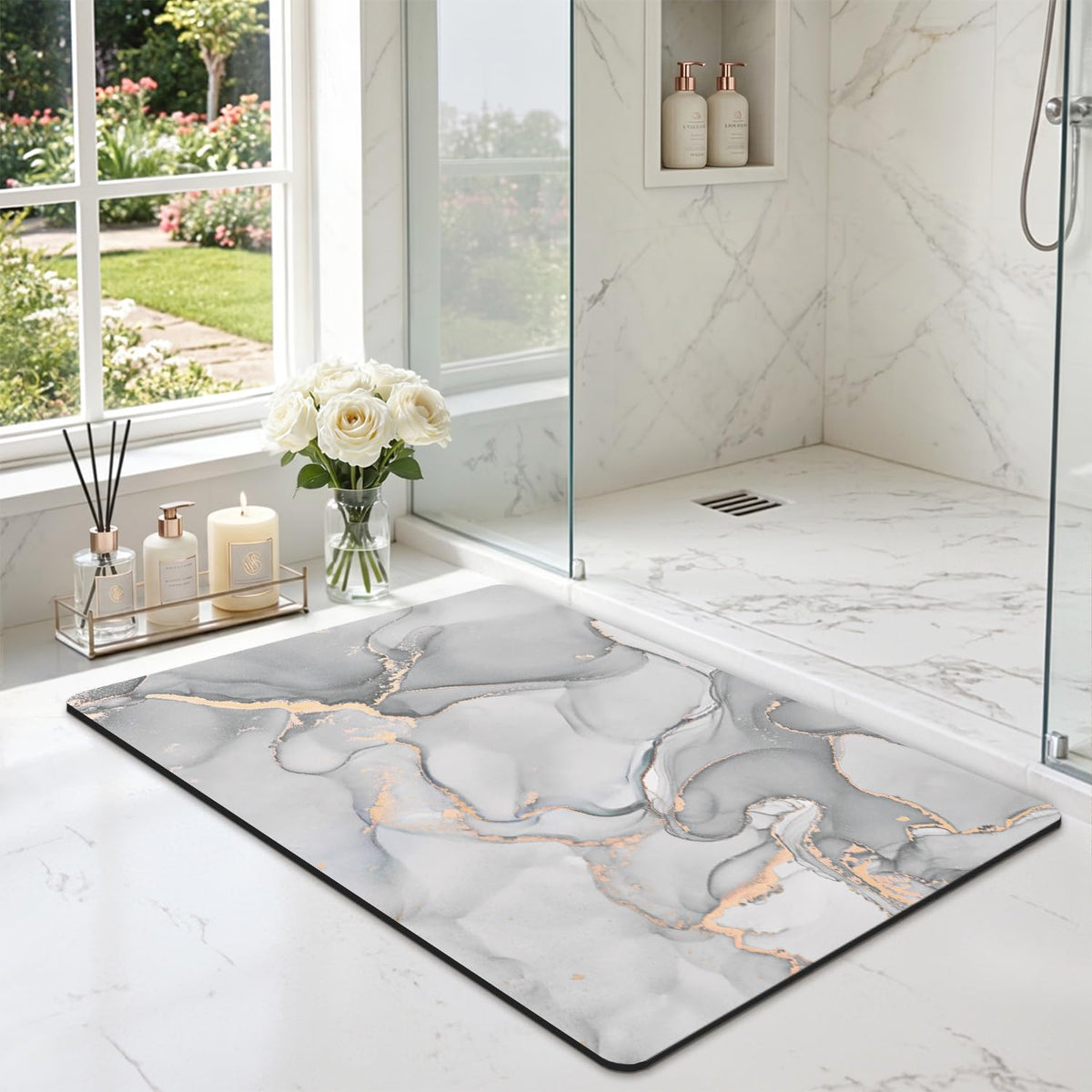 DEXI Tapis de Bain Antidérapant Ultra Mince 40x60cm Noir | Super Absorbant, Sèche Rapide, Motif Marbre Moderne, Facile à Nettoyer, pour Salle de Bain, Baignoire et Douche