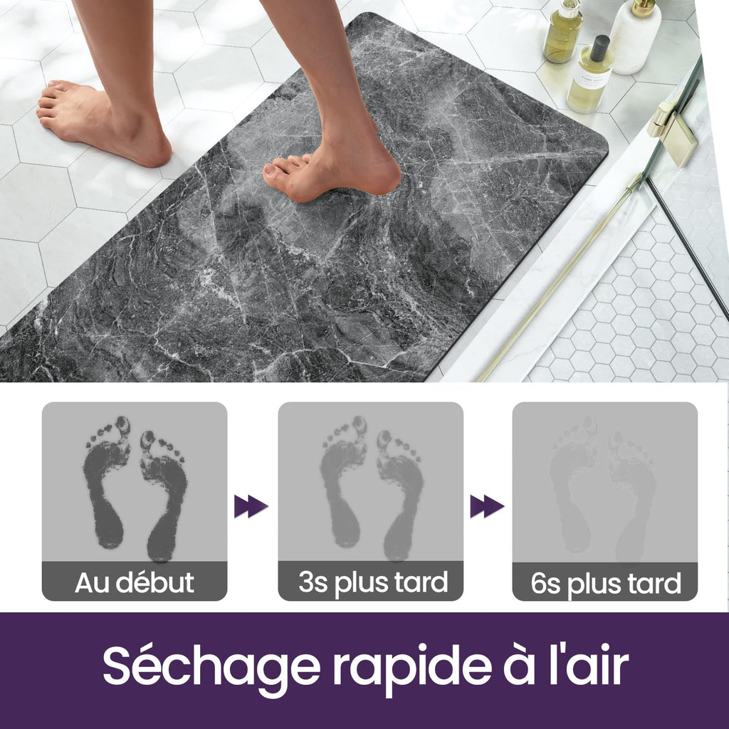 DEXI Tapis de Bain Antidérapant Ultra Mince 40x60cm Noir | Super Absorbant, Sèche Rapide, Motif Marbre Moderne, Facile à Nettoyer, pour Salle de Bain, Baignoire et Douche
