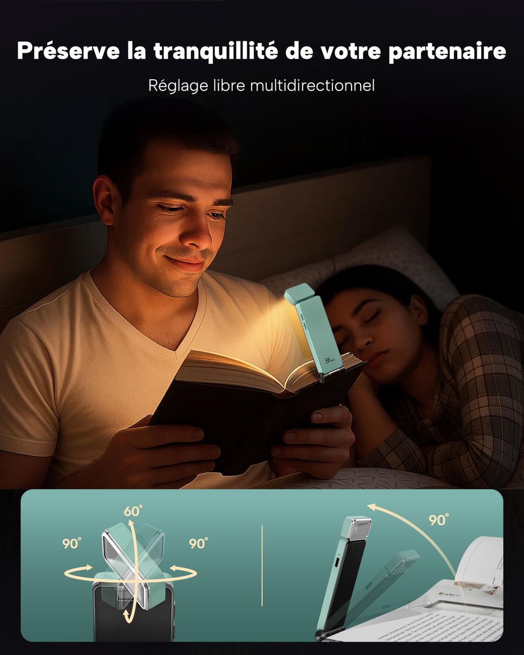 86lux Lampe de Lecture Rechargeable Liseuse LED USB-C, Vert | Lampe à Pince Marque-Page avec 3 Températures de Couleur, Jusqu'à 80H d'Autonomie